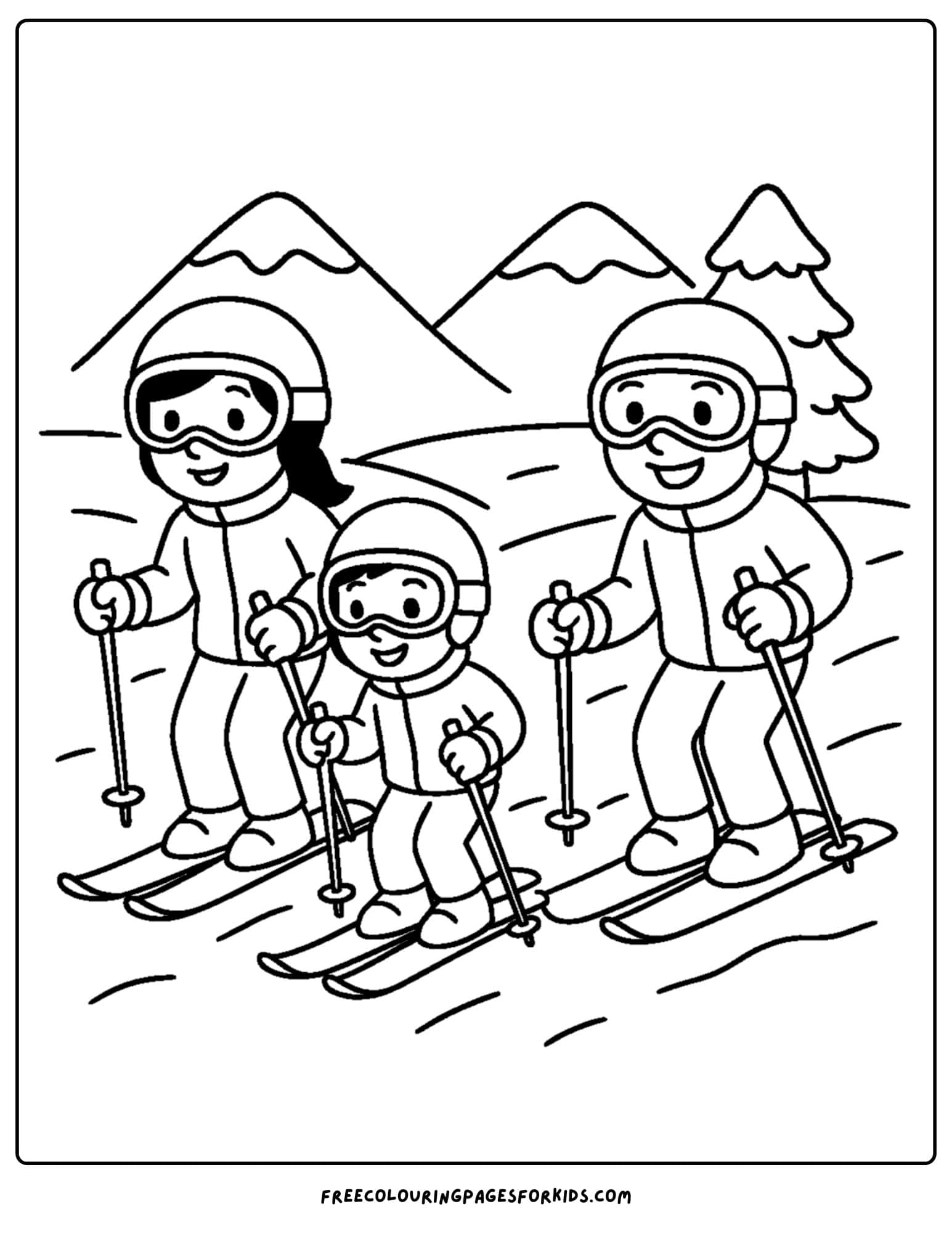 a skiing coloring page featuring a family on a snowy trail
