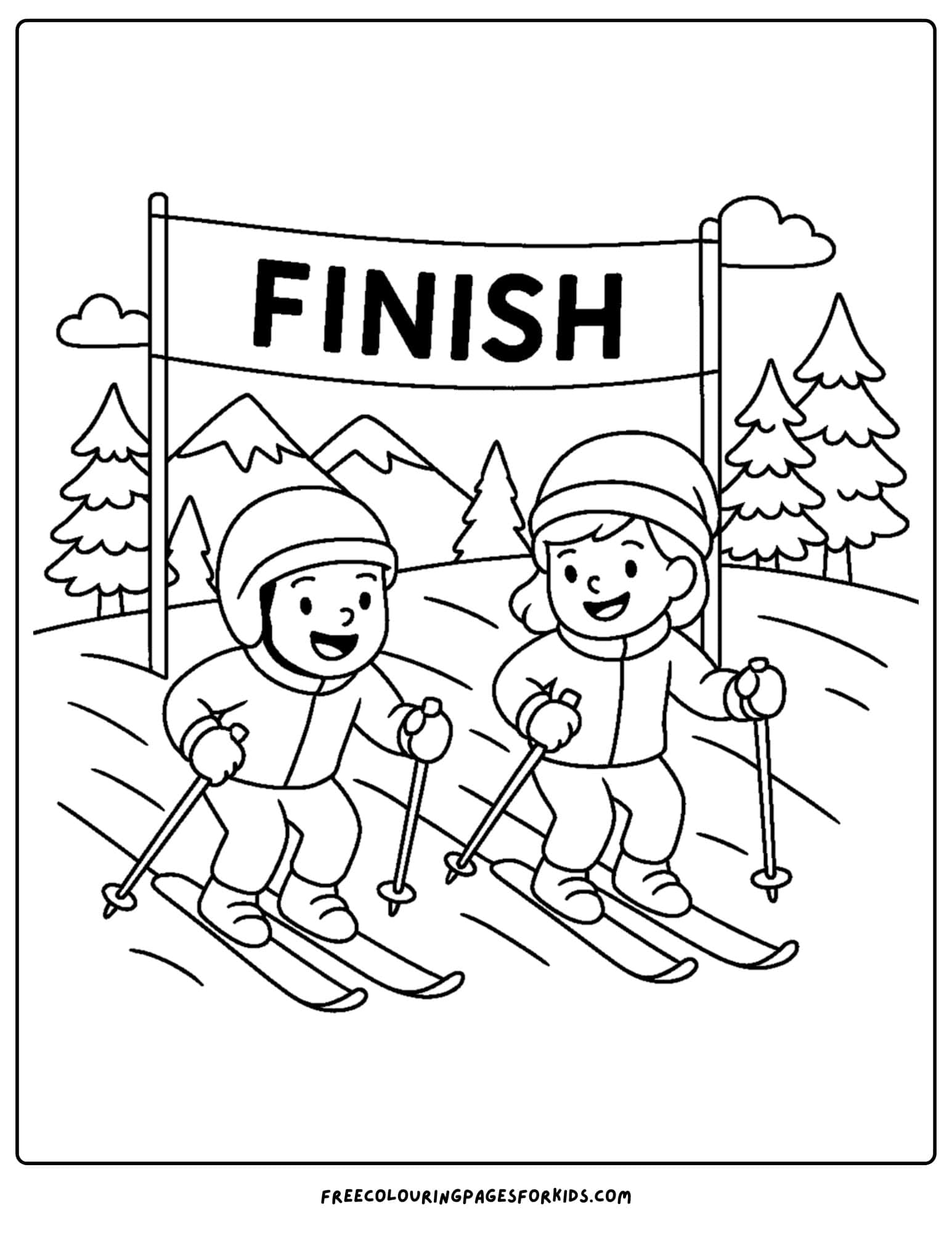 a skiing coloring page featuring a ski race with a finish line