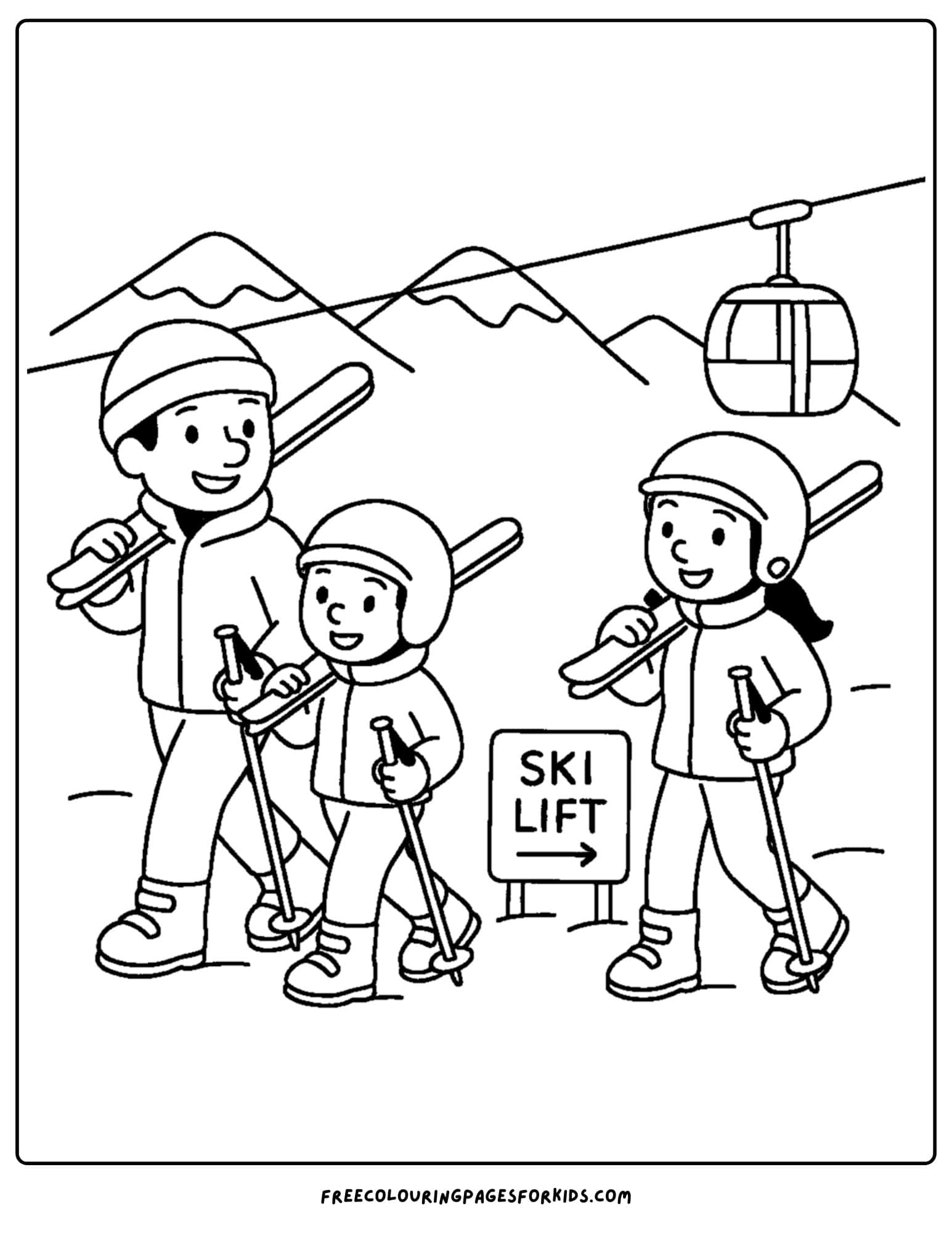 a skiing coloring page featuring a family walking to the ski lift