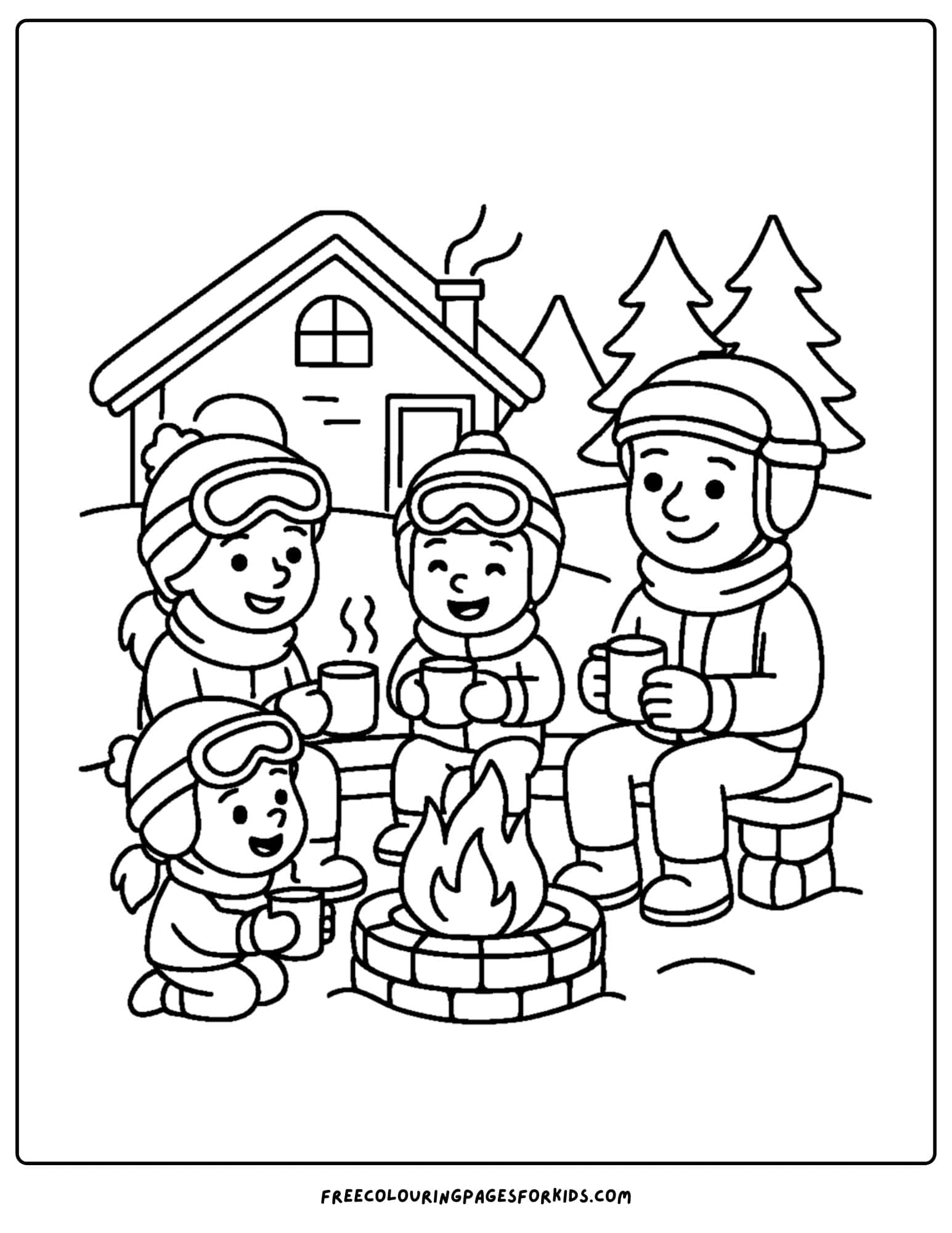 a skiing coloring page featuring a family keeping warm by a fire