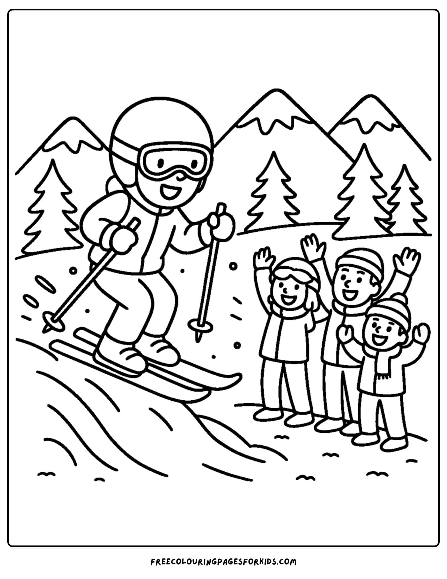 a skiing coloring page featuring a ski jump with people cheering