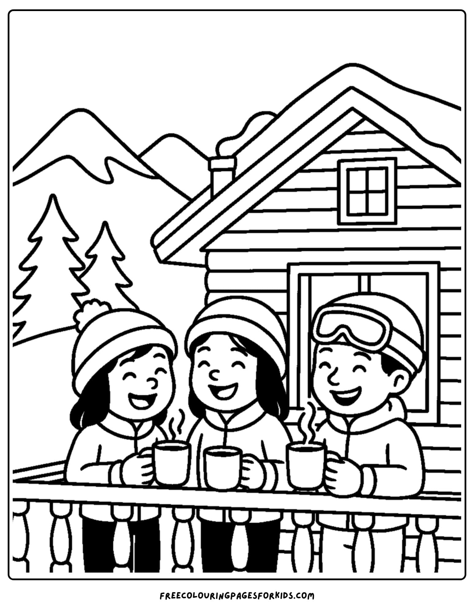 a skiing coloring page featuring ski friends enjoying a hot chocolate
