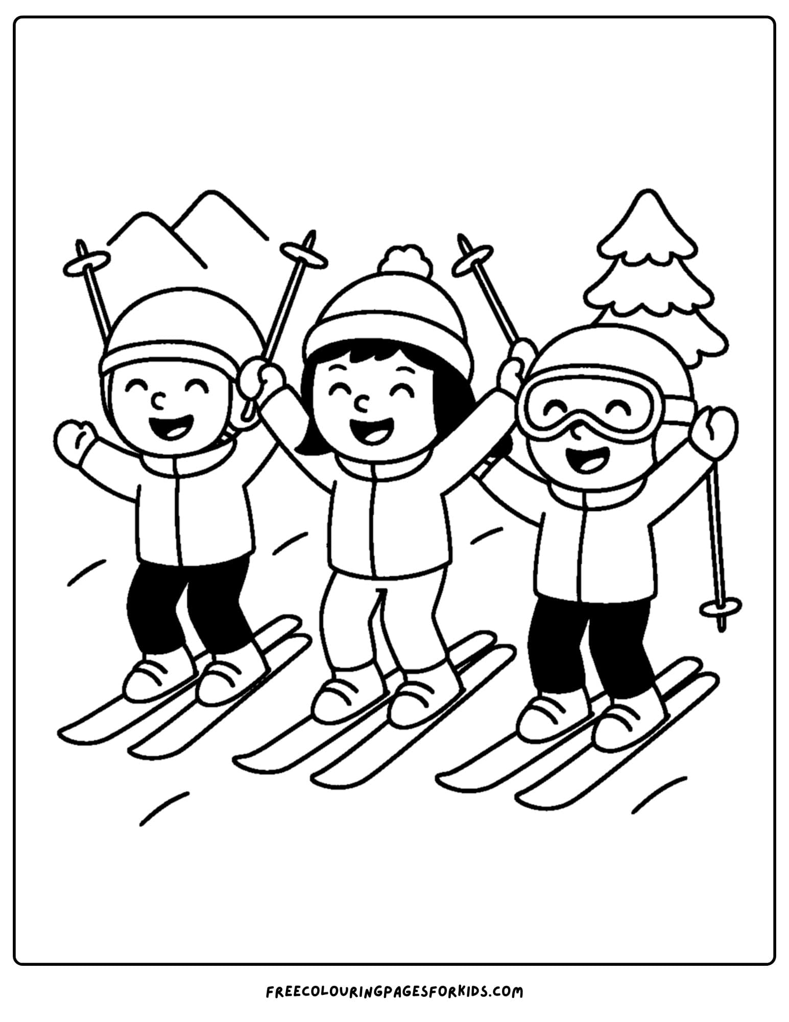 a skiing coloring page featuring friends cheering skiing