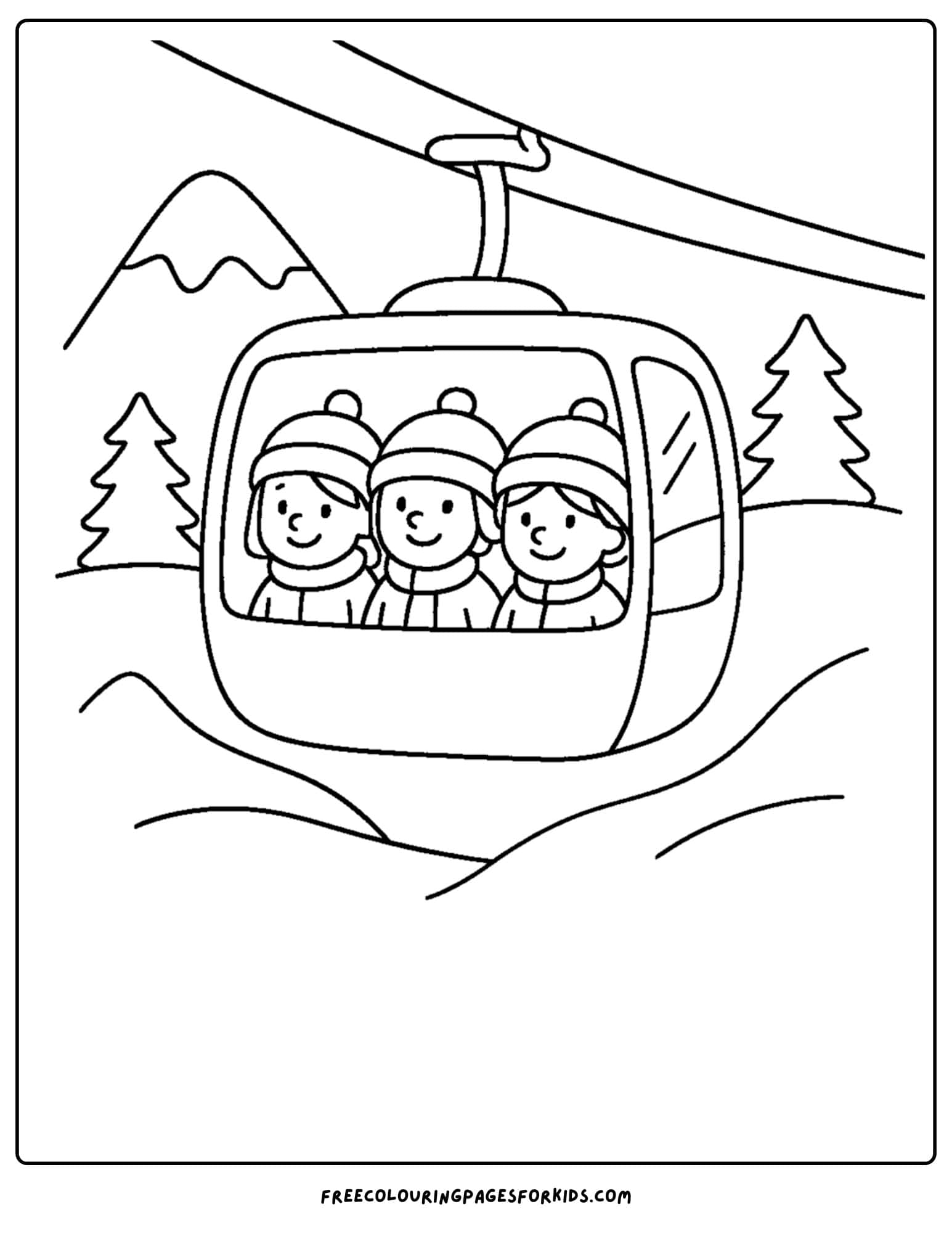 a skiing coloring page featuring skiers in a gondola going up the mountain