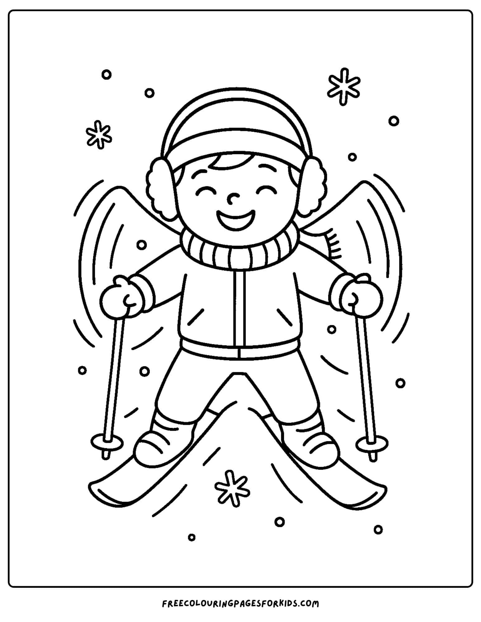 a skiing coloring page featuring a skier making a snow angel
