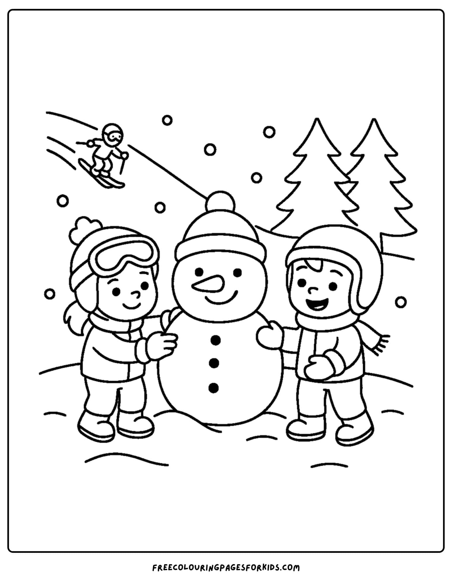 a skiing coloring page featuring kids building a snowman on a ski slope
