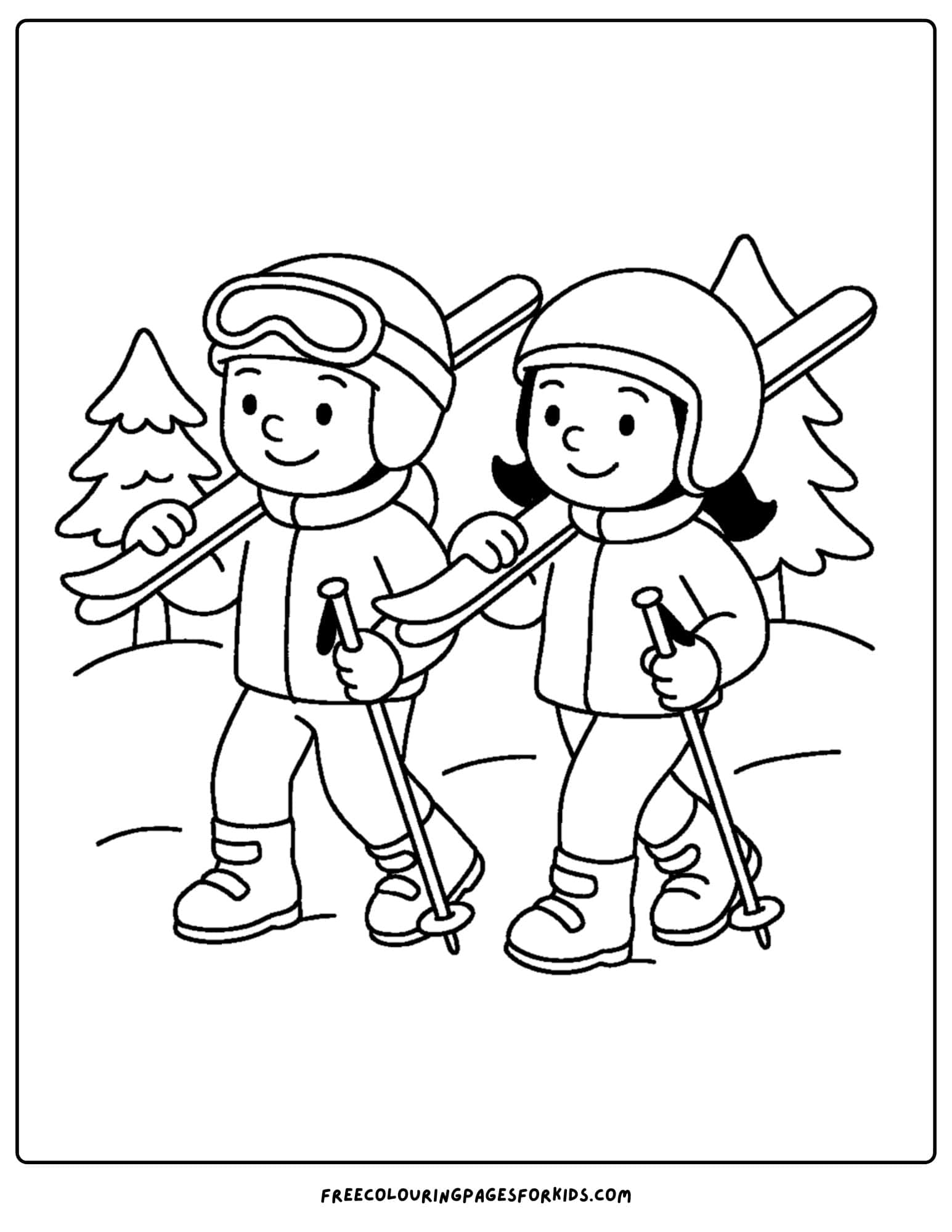 a skiing coloring page featuring kids carrying their skis
