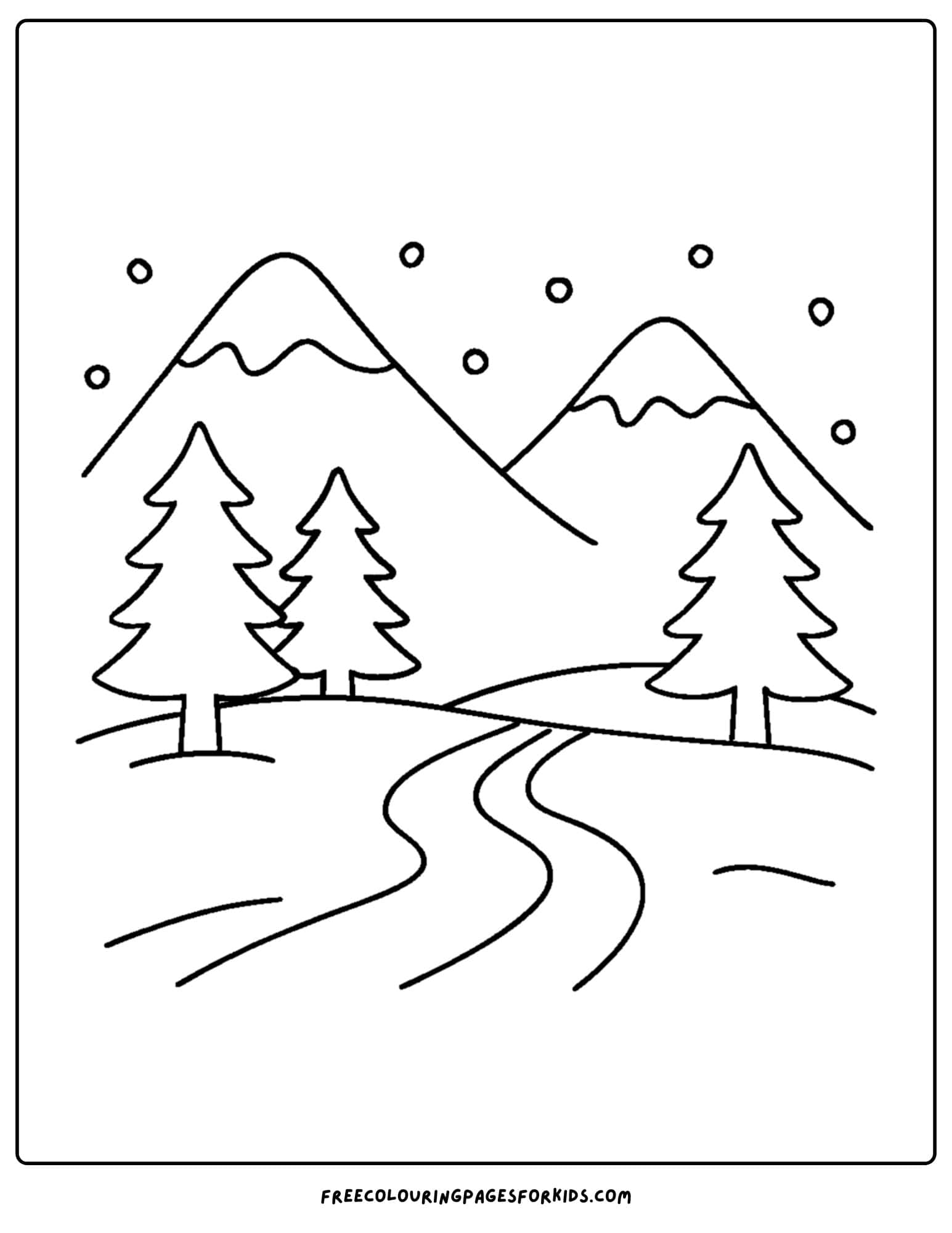 a skiing coloring page featuring a mountain landscape