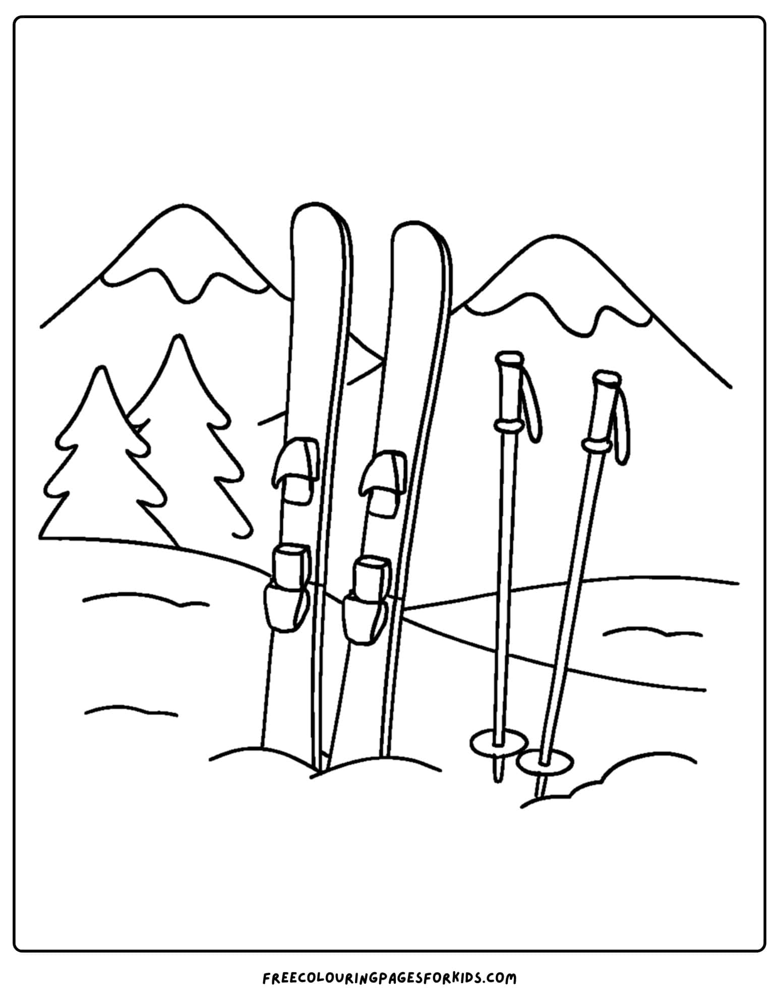 a skiing coloring page featuring a pair of skis standing in the snow