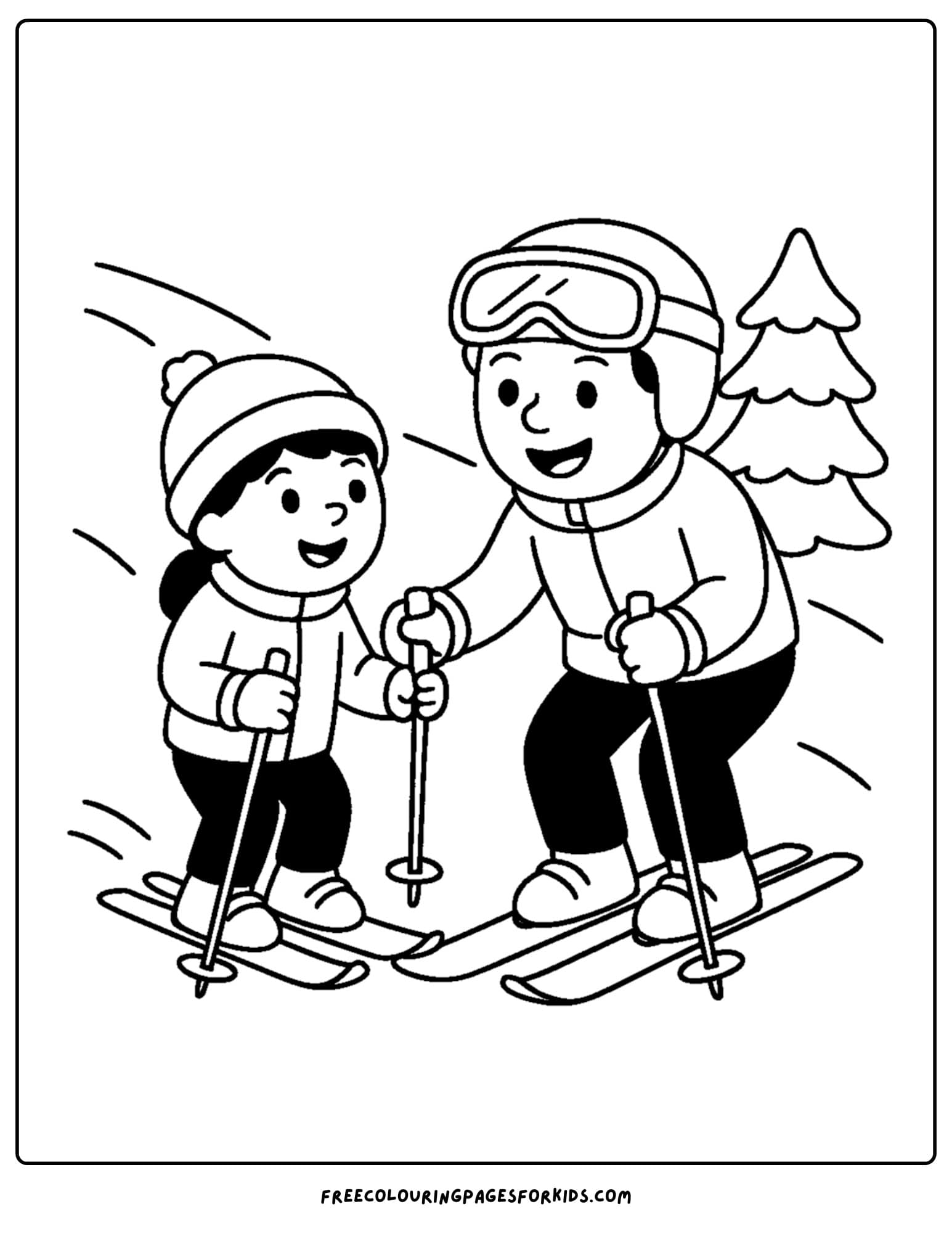 a skiing coloring page featuring parent teaching their child to ski