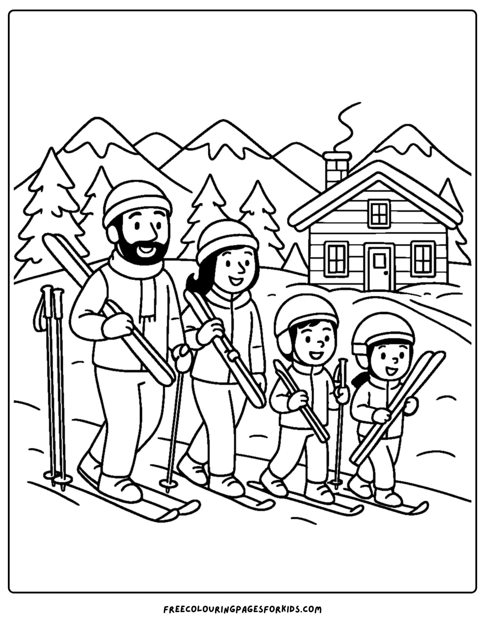 a skiing coloring page featuring a family walking back to the lodge after a day of skiing