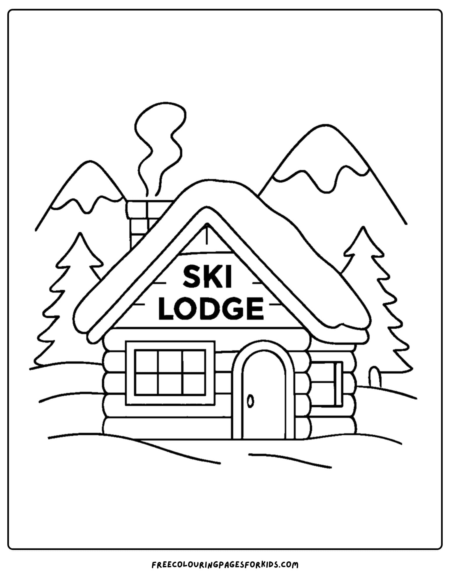 a skiing coloring page featuring a ski lodge in the snow