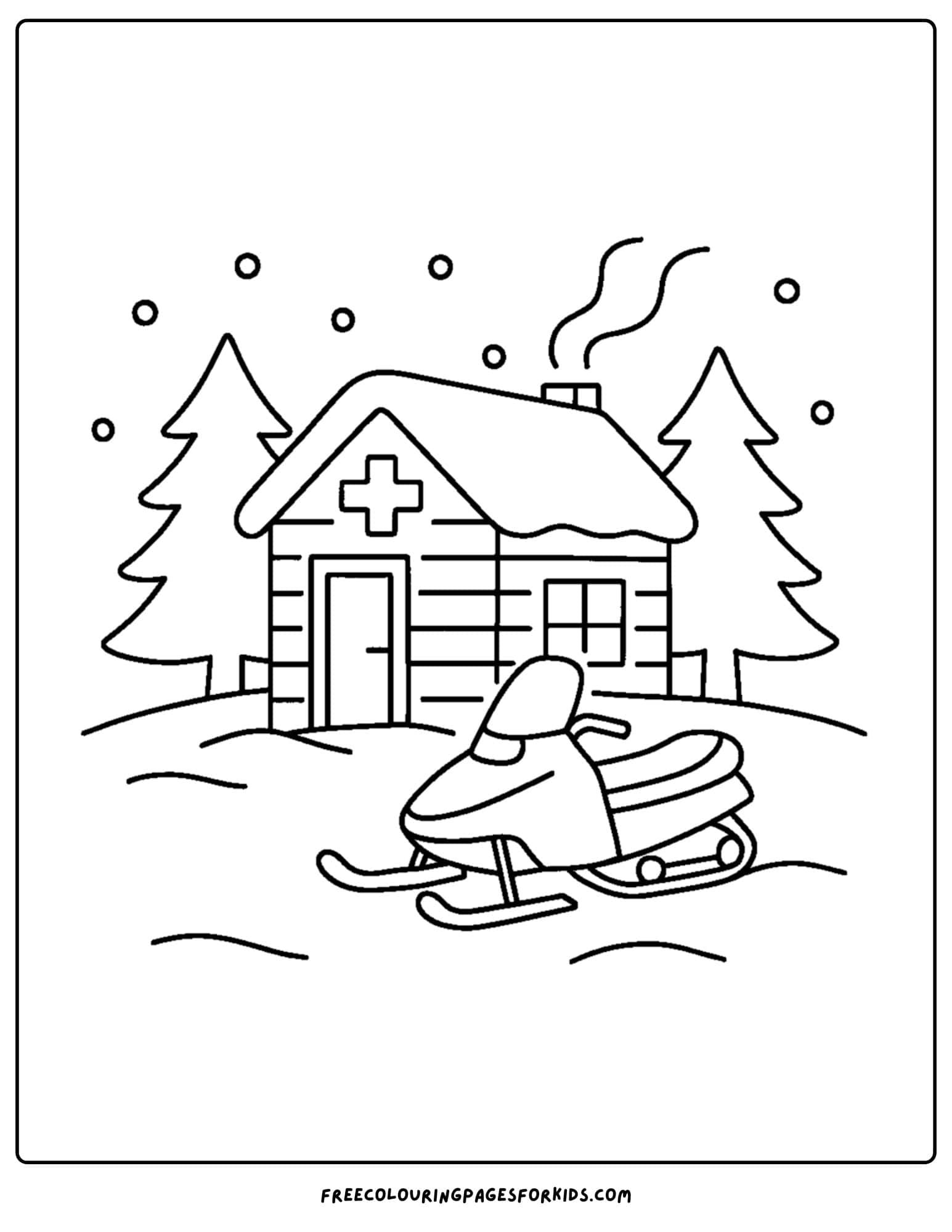 a skiing coloring page featuring a ski patrol cabin and snowmobile