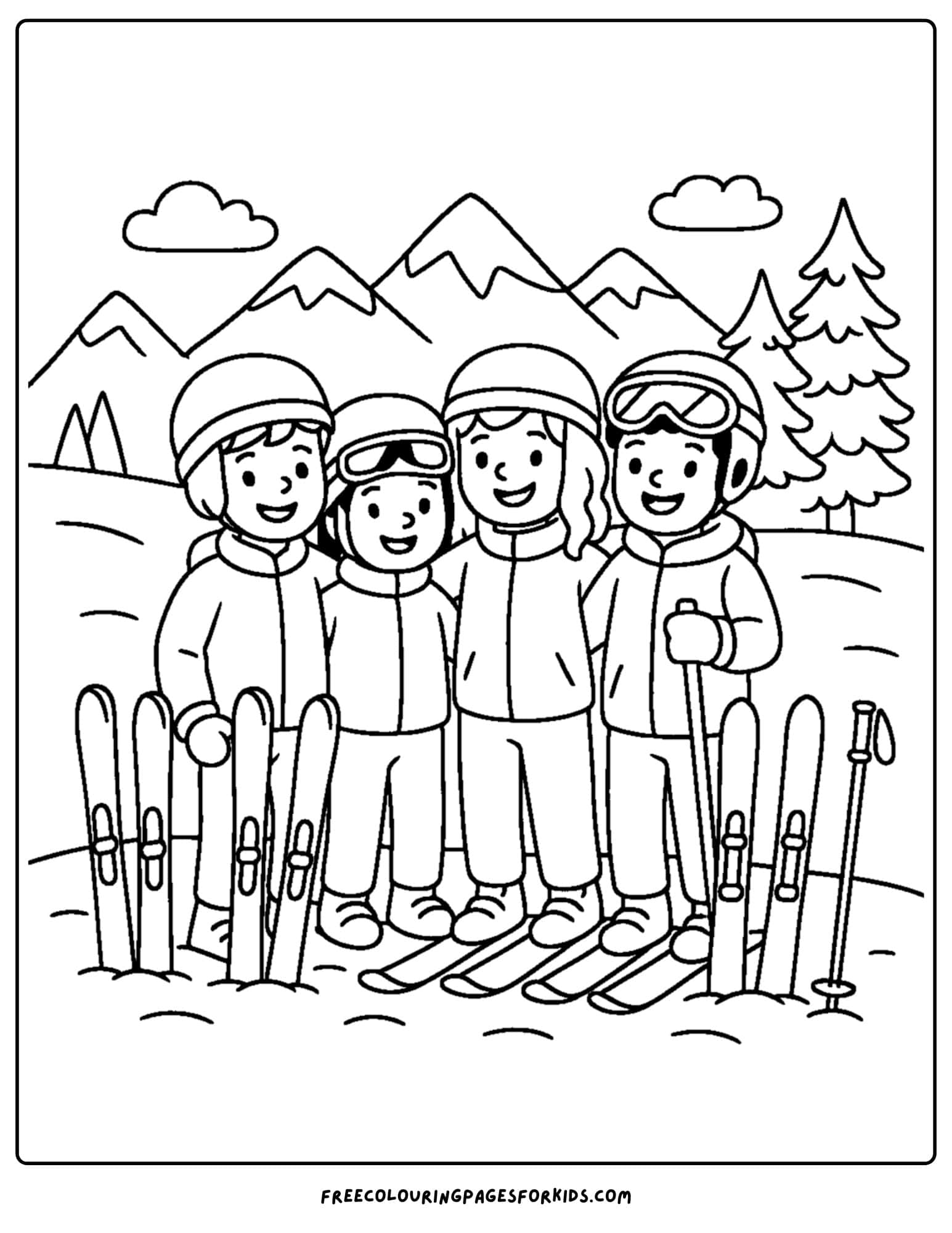 a skiing coloring page featuring kids lined up for a ski class