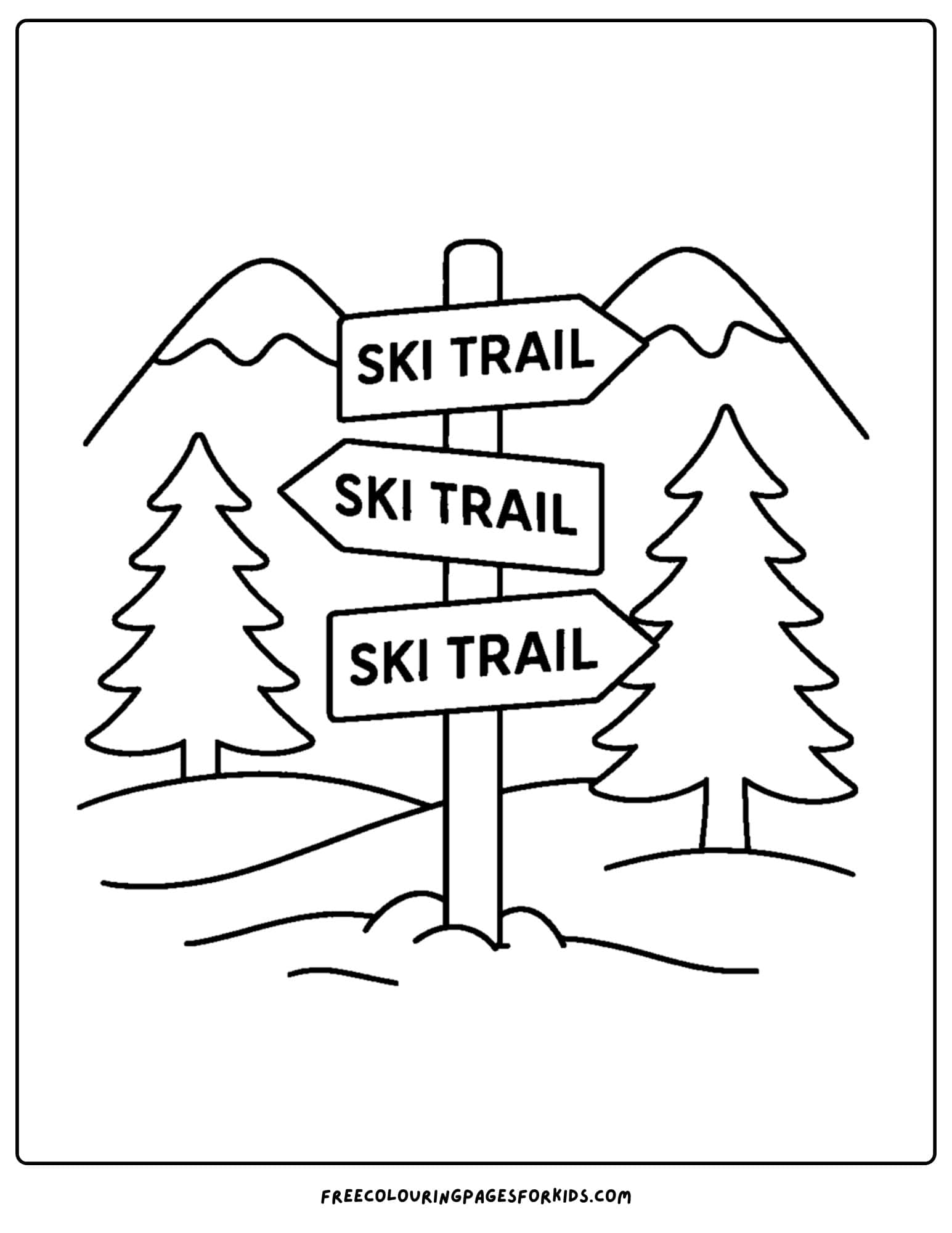a skiing coloring page featuring ski trail signs on a mountain
