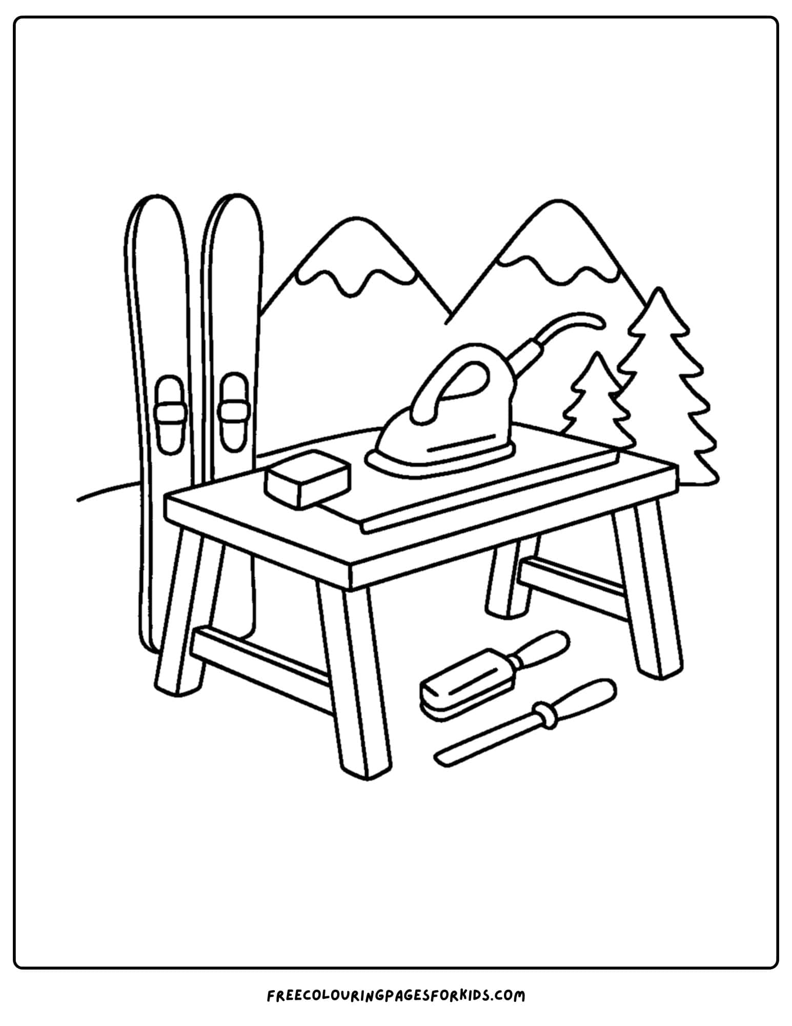 a skiing coloring page featuring a ski wax station