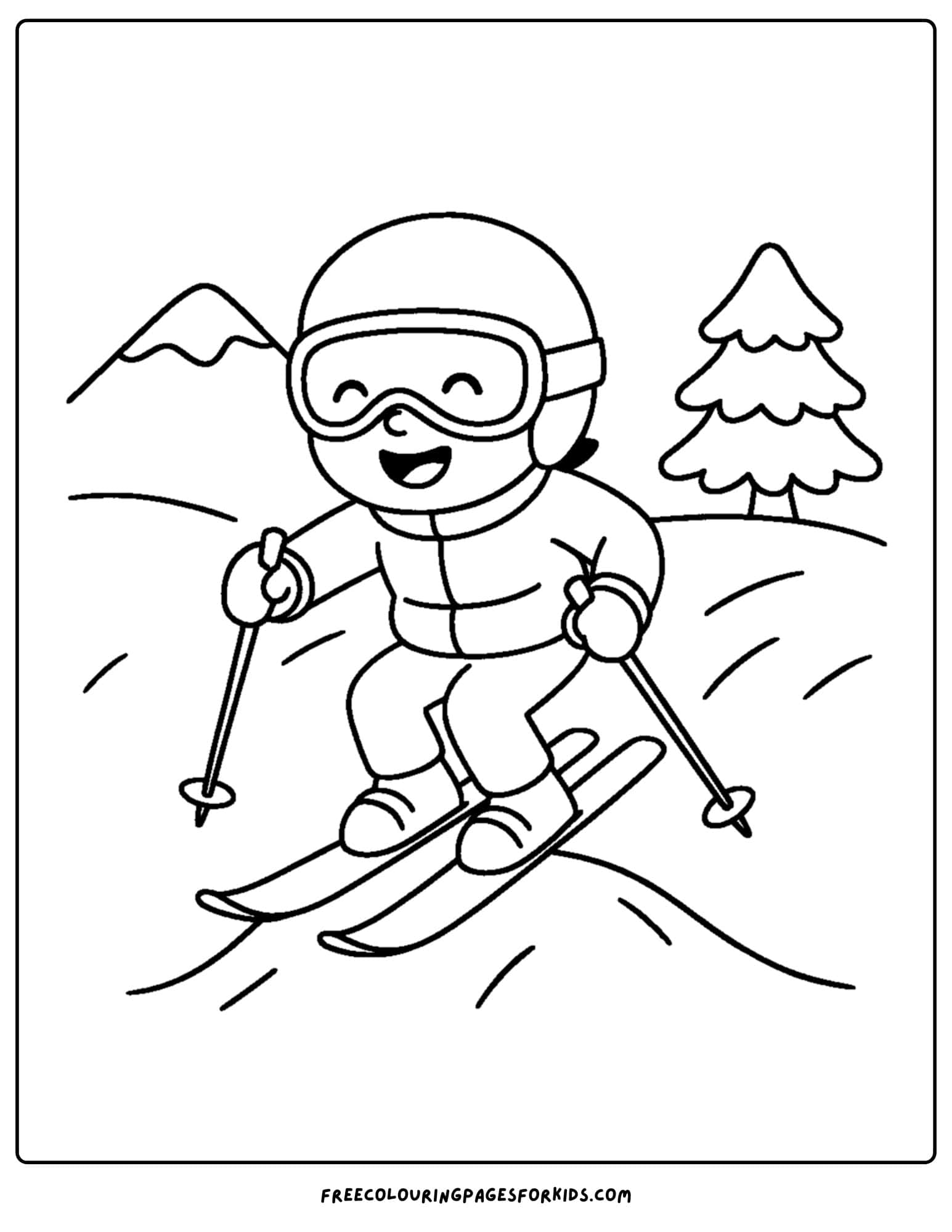 a skiing coloring page featuring a skier going over a small bump