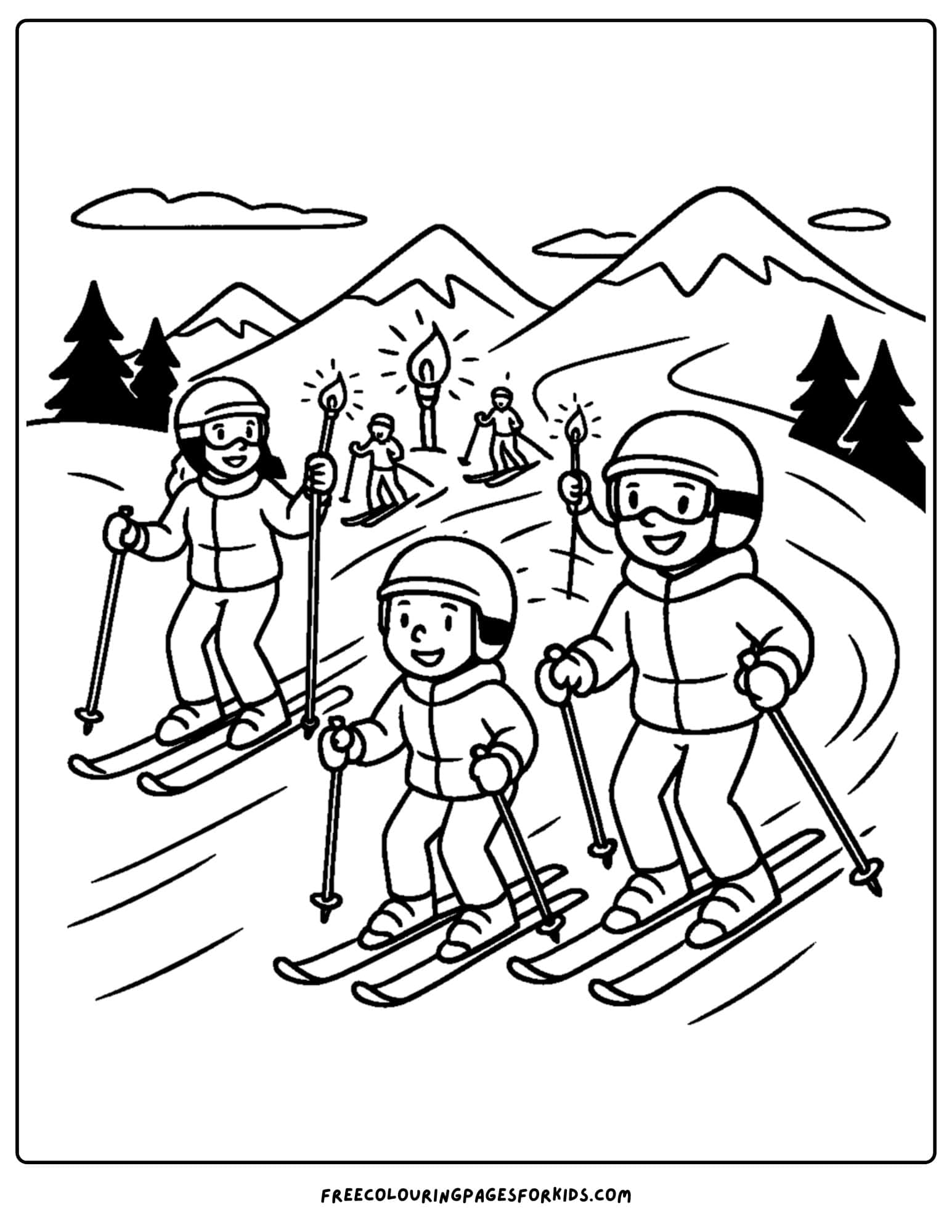 a skiing coloring page featuring a torchlight ski parade