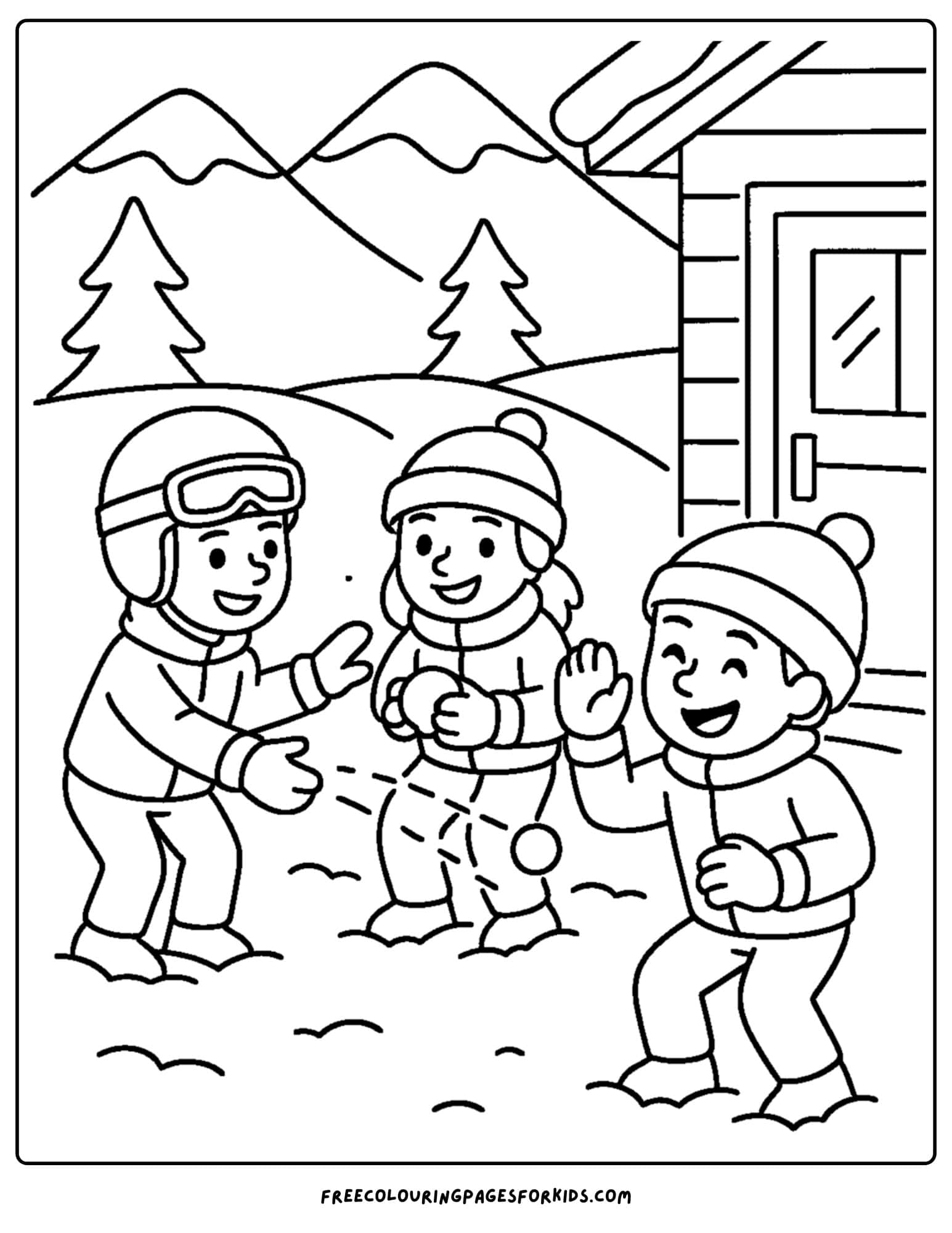a skiing coloring page featuring kids having a snowball fight by a ski lodge