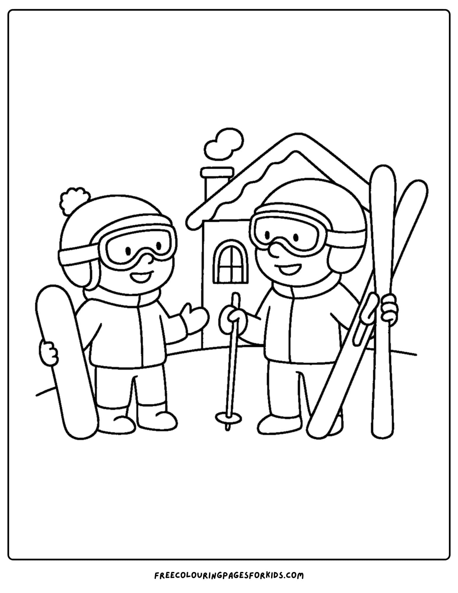 a skiing coloring page featuring a snowboarder chatting to a skier