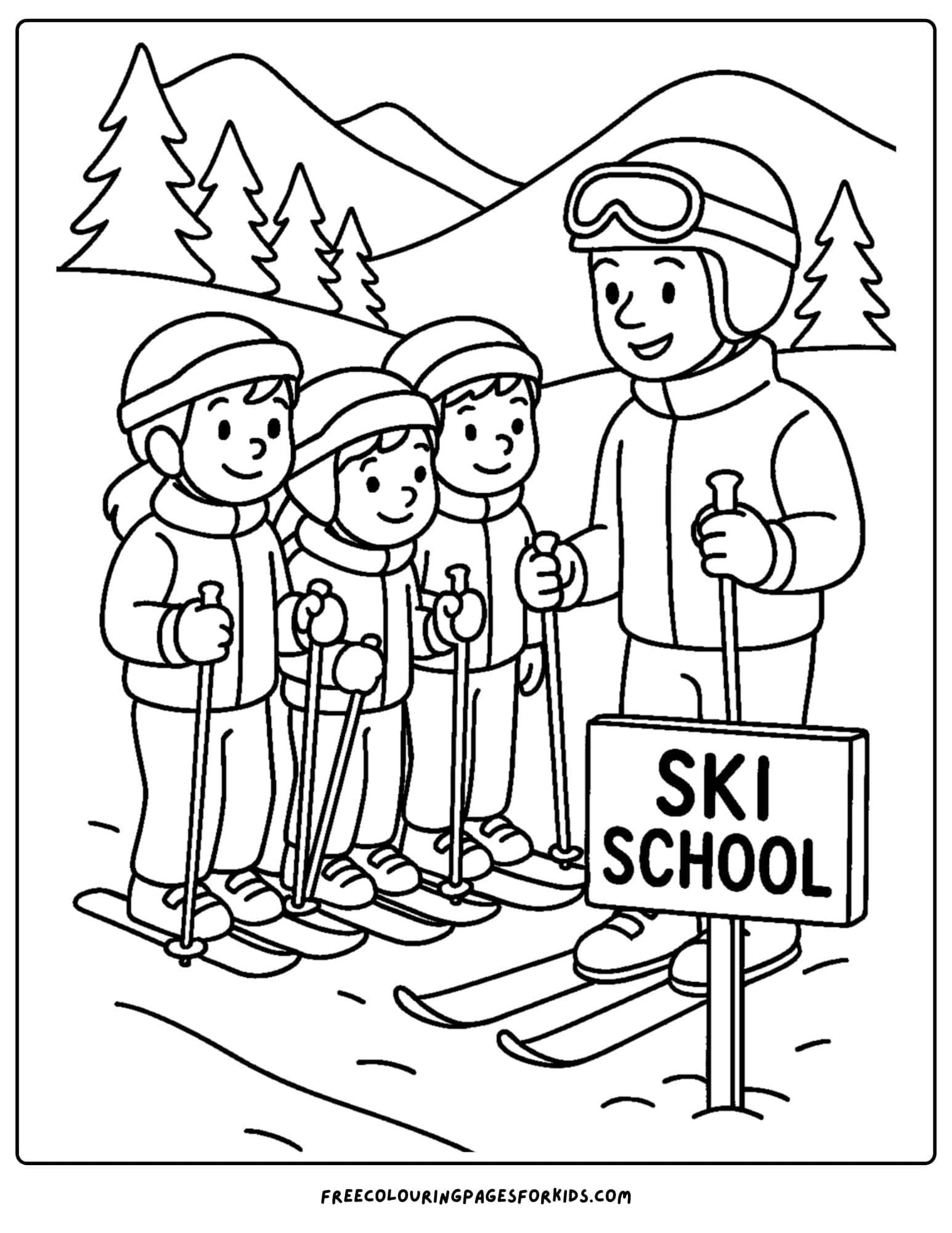a skiing coloring page featuring kids at a ski school
