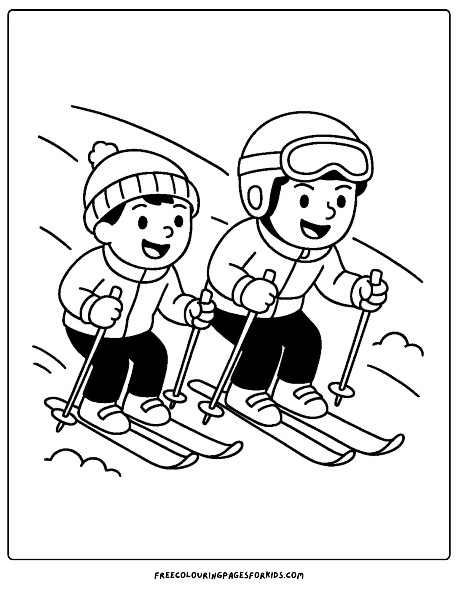 a skiing coloring page featuring two kids racing down the slope