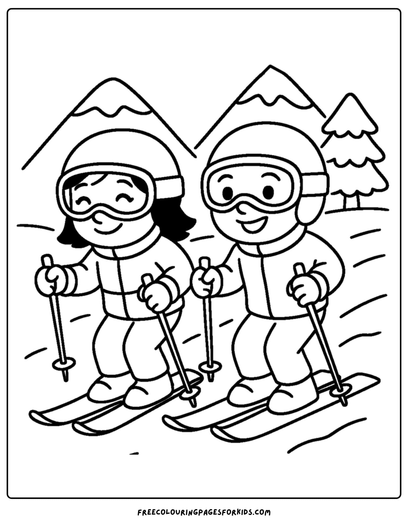 a skiing coloring page featuring two kids skiing side by side down the hill