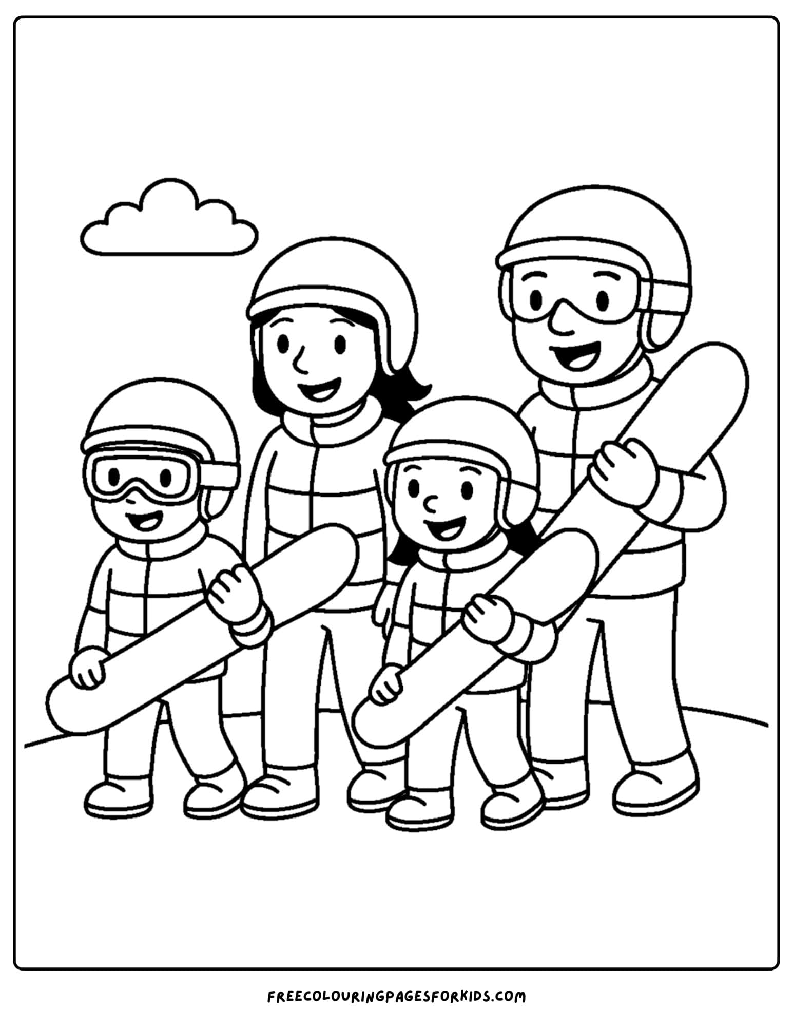 a snowboard coloring page featuring a family carrying their snowbaords