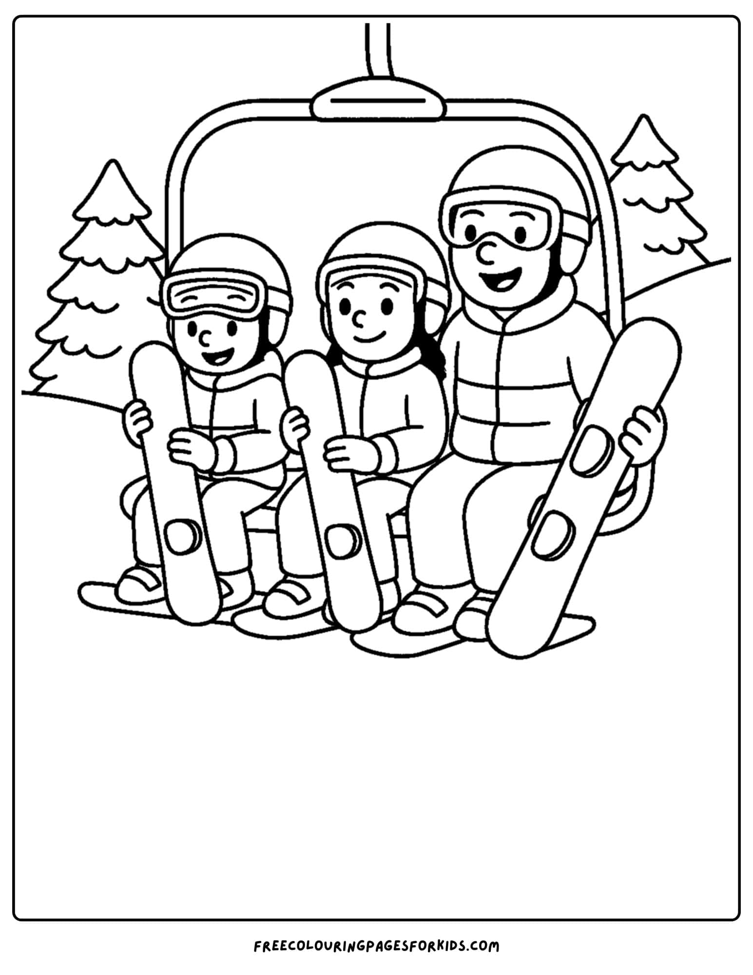 a snowboard coloring page featuring a family on a lift going up the mountain