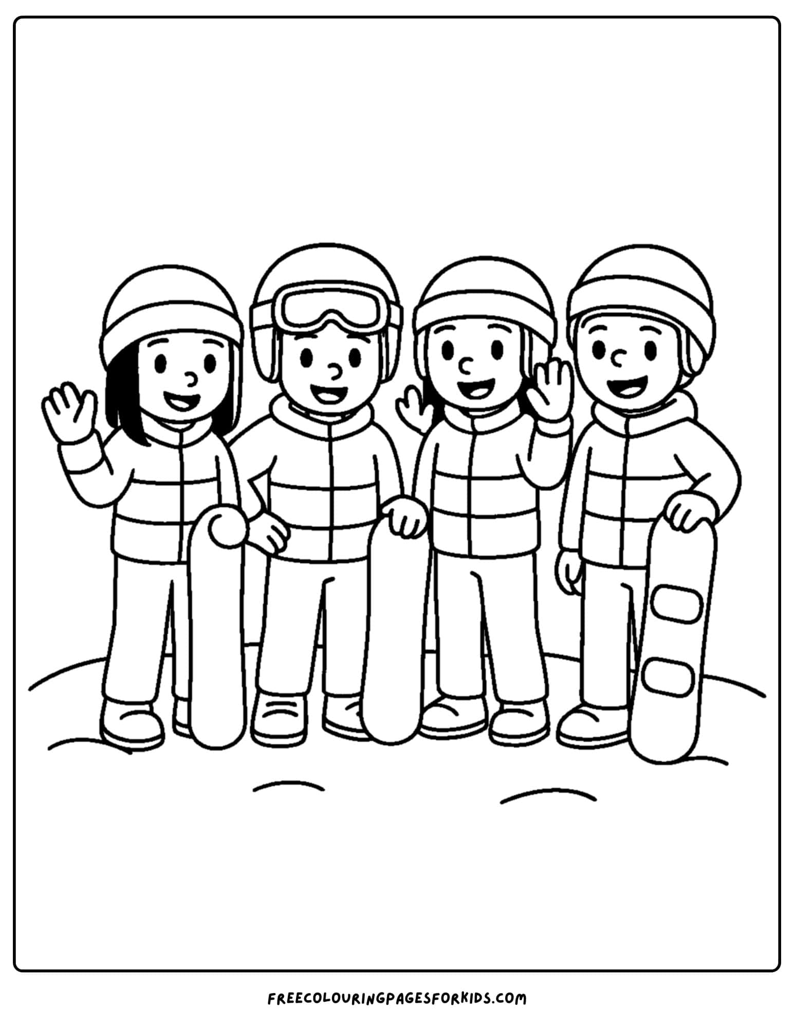 a snowboard coloring page featuring friends up on the mountain