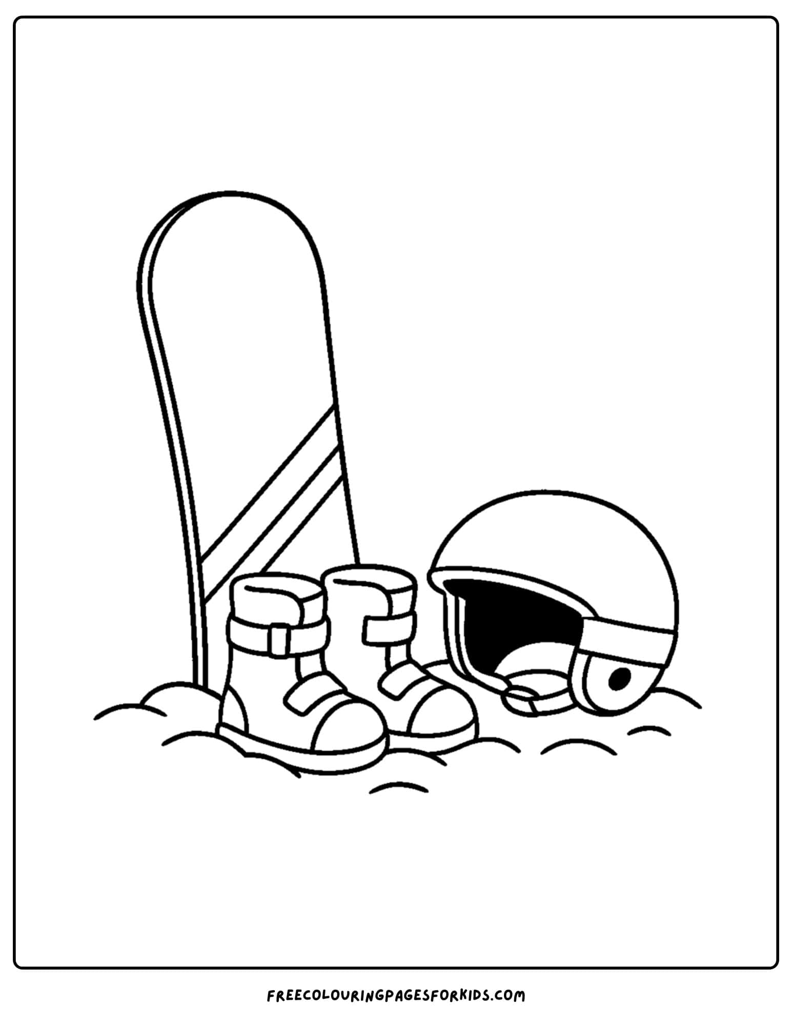 a snowboard coloring page featuring snowboard gear in the snow