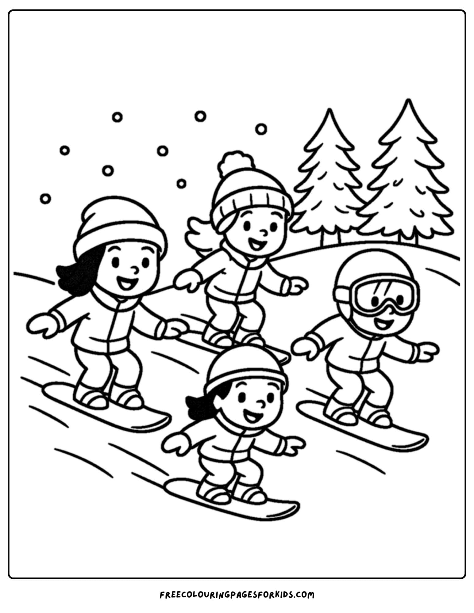 a snowboard coloring page featuring a group of snowboarders going down the hill