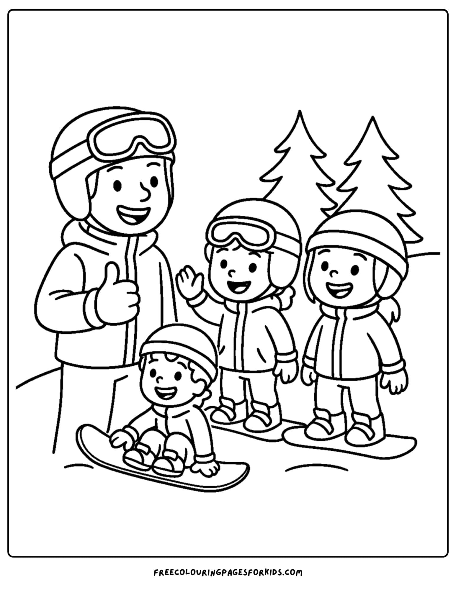 a snowboard coloring page featuring an instructor giving the kids a thumbs up