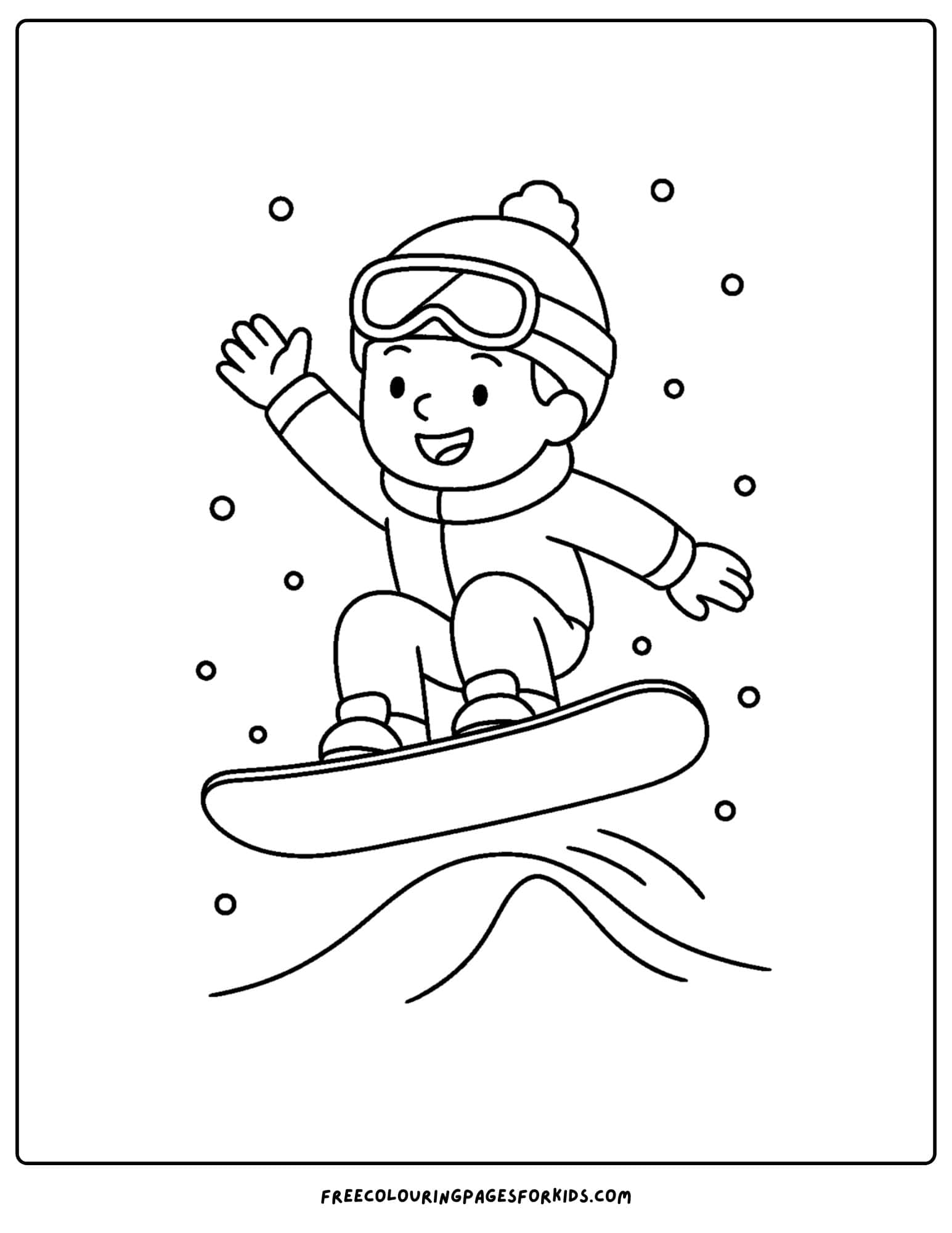a snowboard coloring page featuring a kid doing a big jump on their snowboard