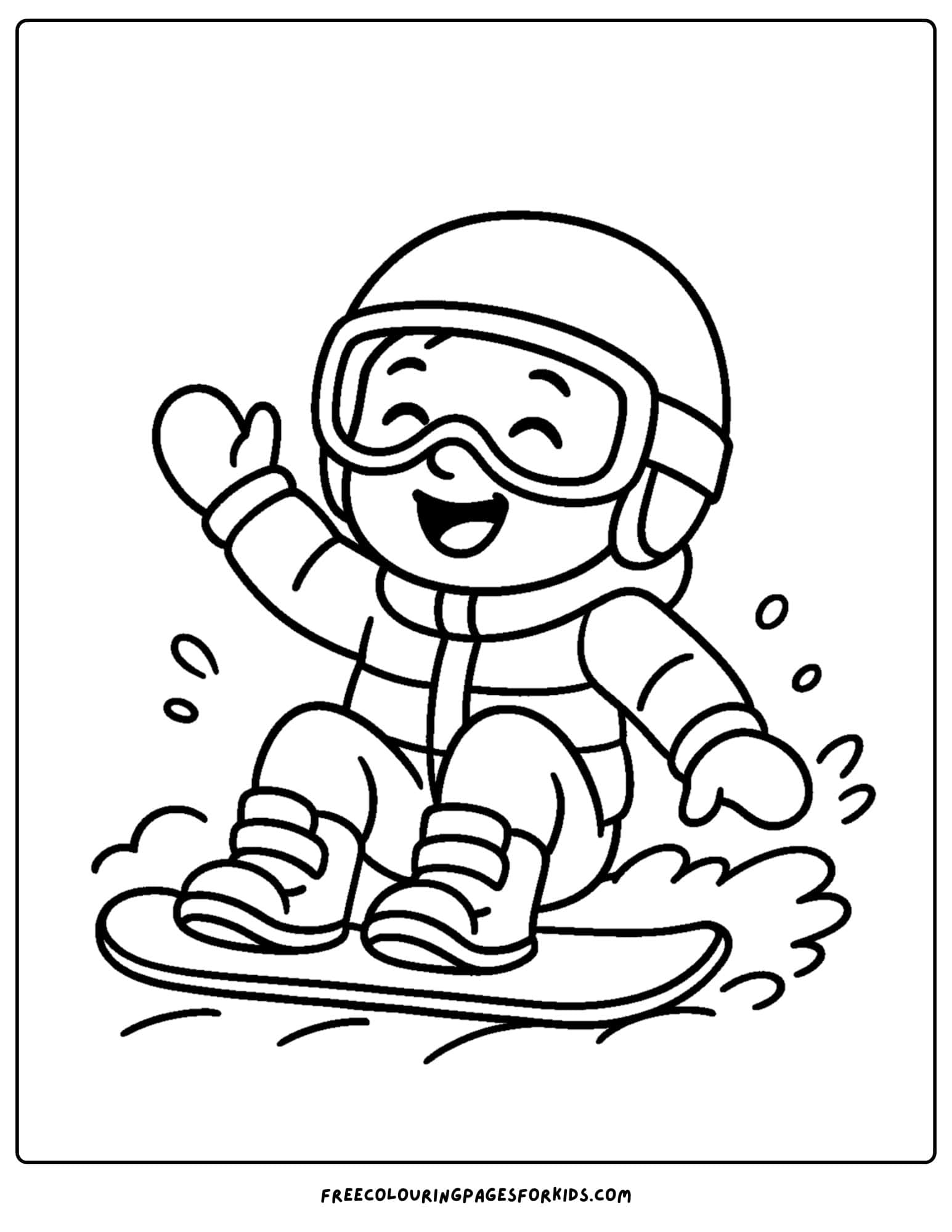 a snowboard coloring page featuring a kid falling over and laughing