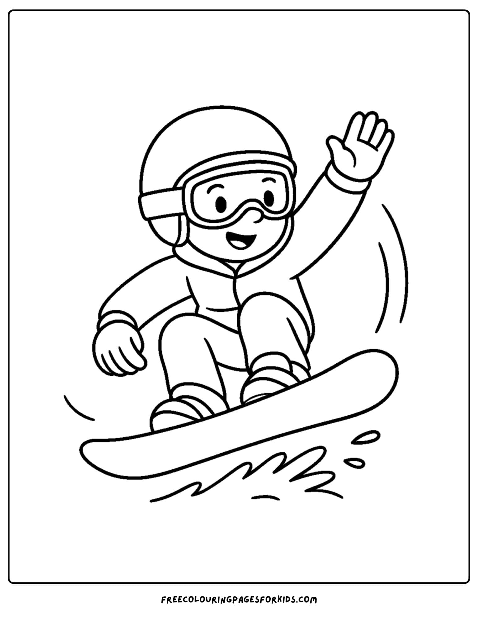 a snowboard coloring page featuring a kid doing a grab trick on their snowboard