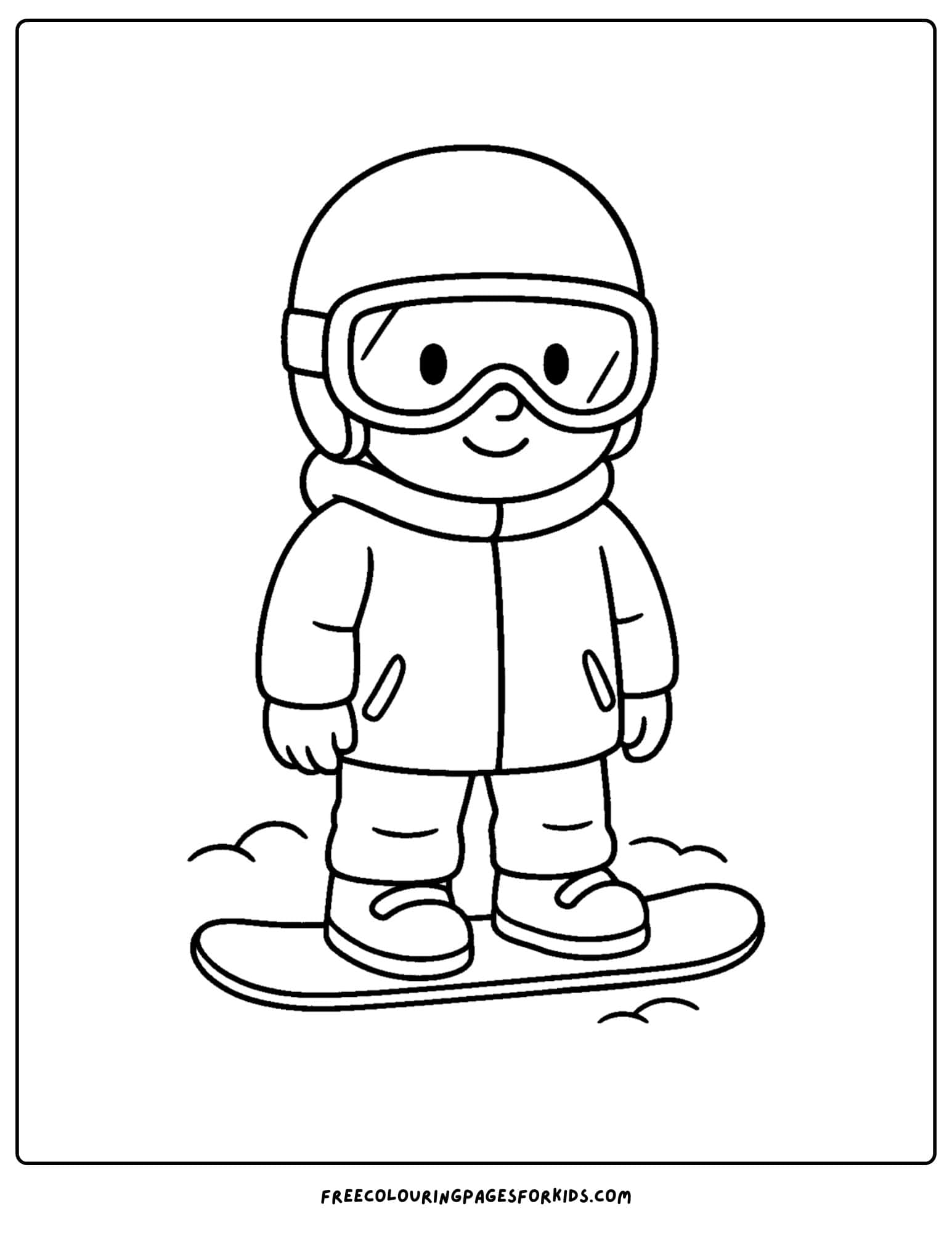 a snowboard coloring page featuring a child in googles in their snowboard