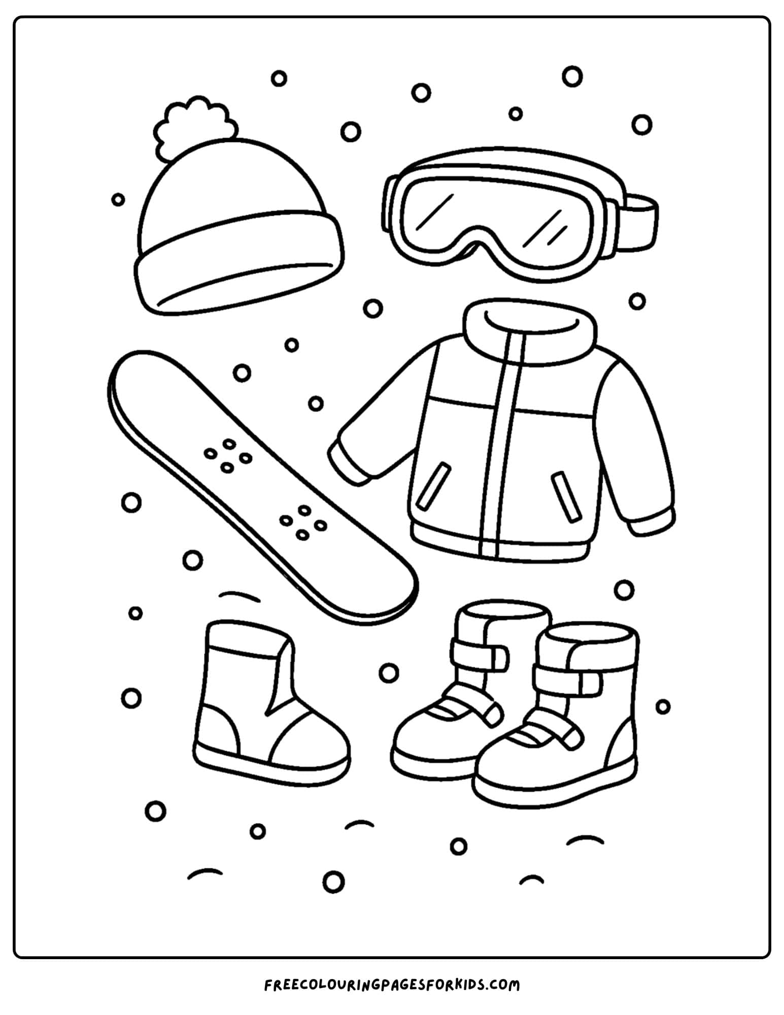 a snowboard coloring page featuring a collection of snowboard gear