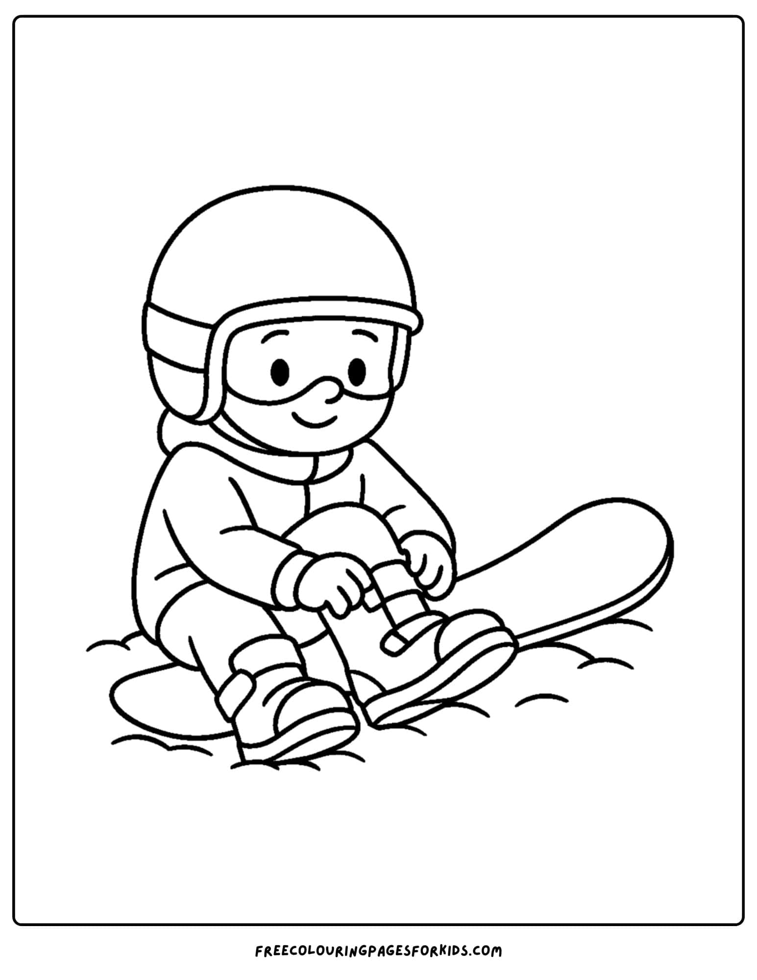 a snowboard coloring page featuring a child putting on their boots