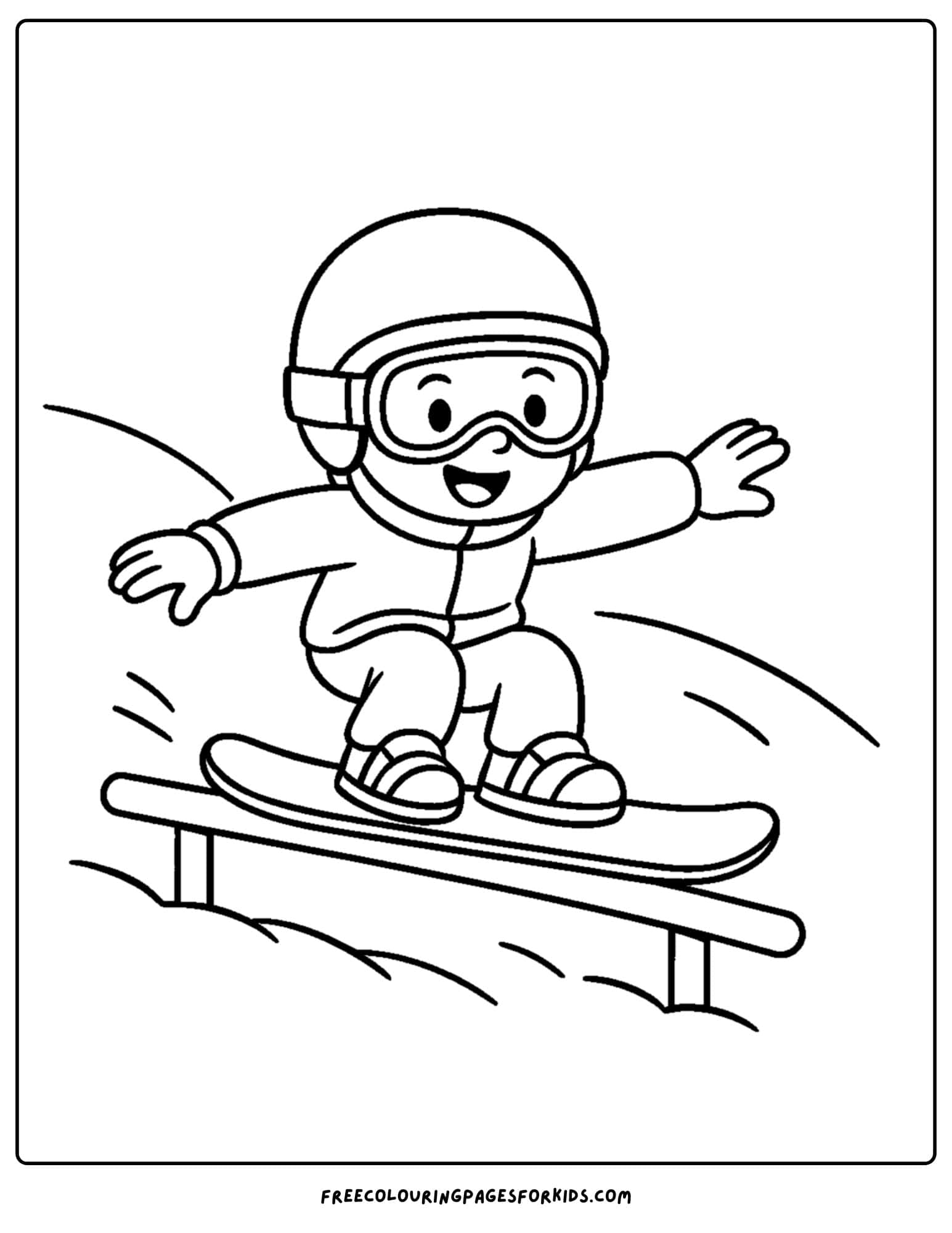 a snowboard coloring page featuring a kid doing a rail slide
