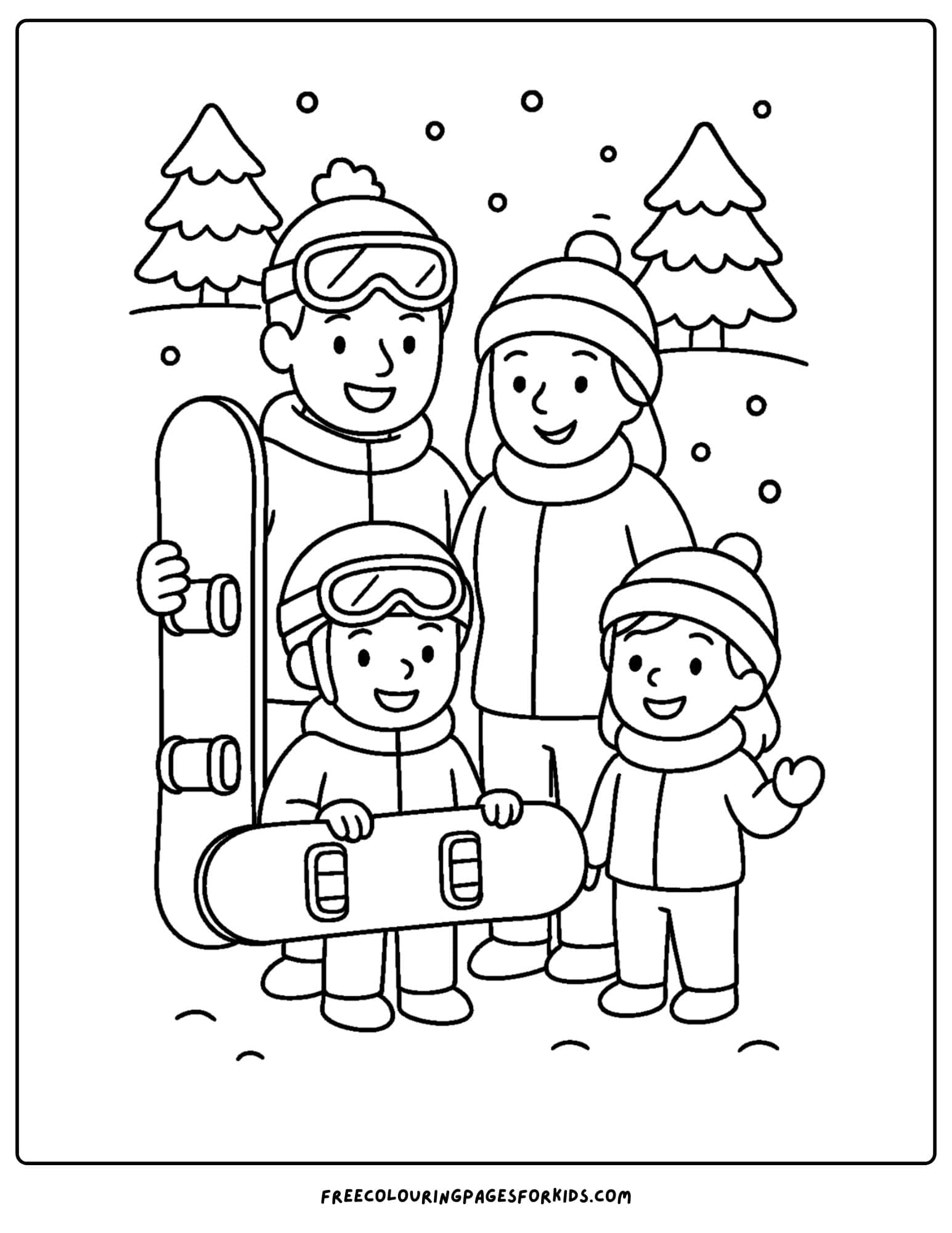 a snowboard coloring page featuring a family ready to go snowboarding