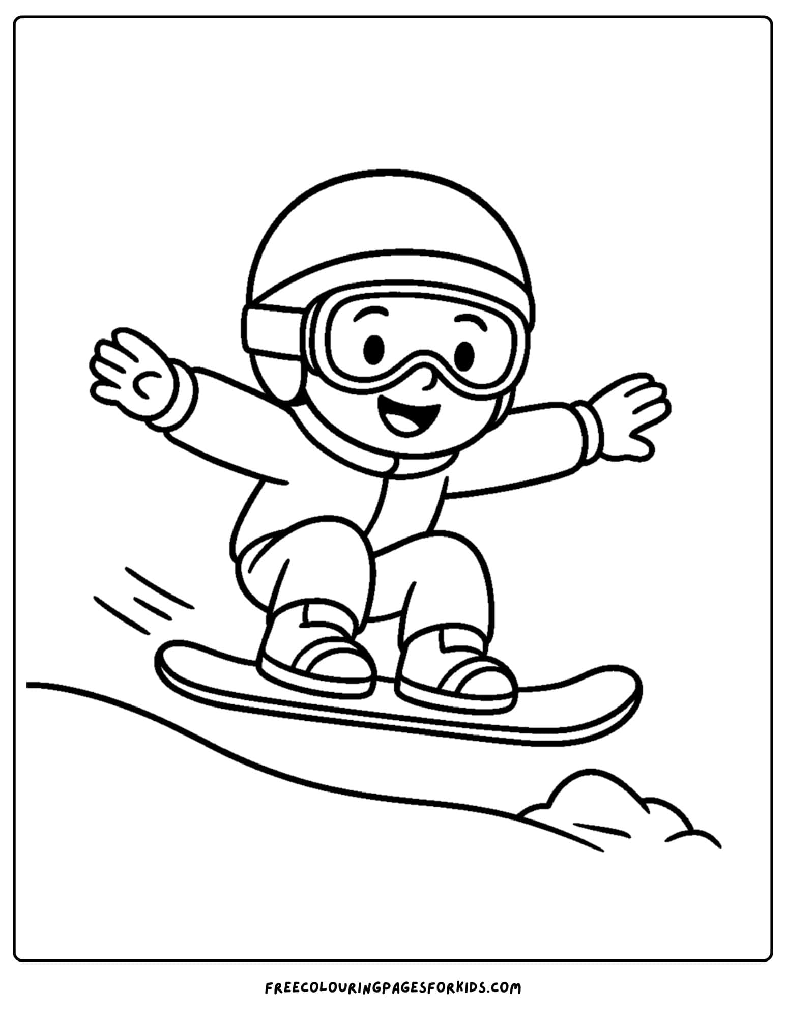 a snowboard coloring page featuring a kid going over a small jump on their snowboard