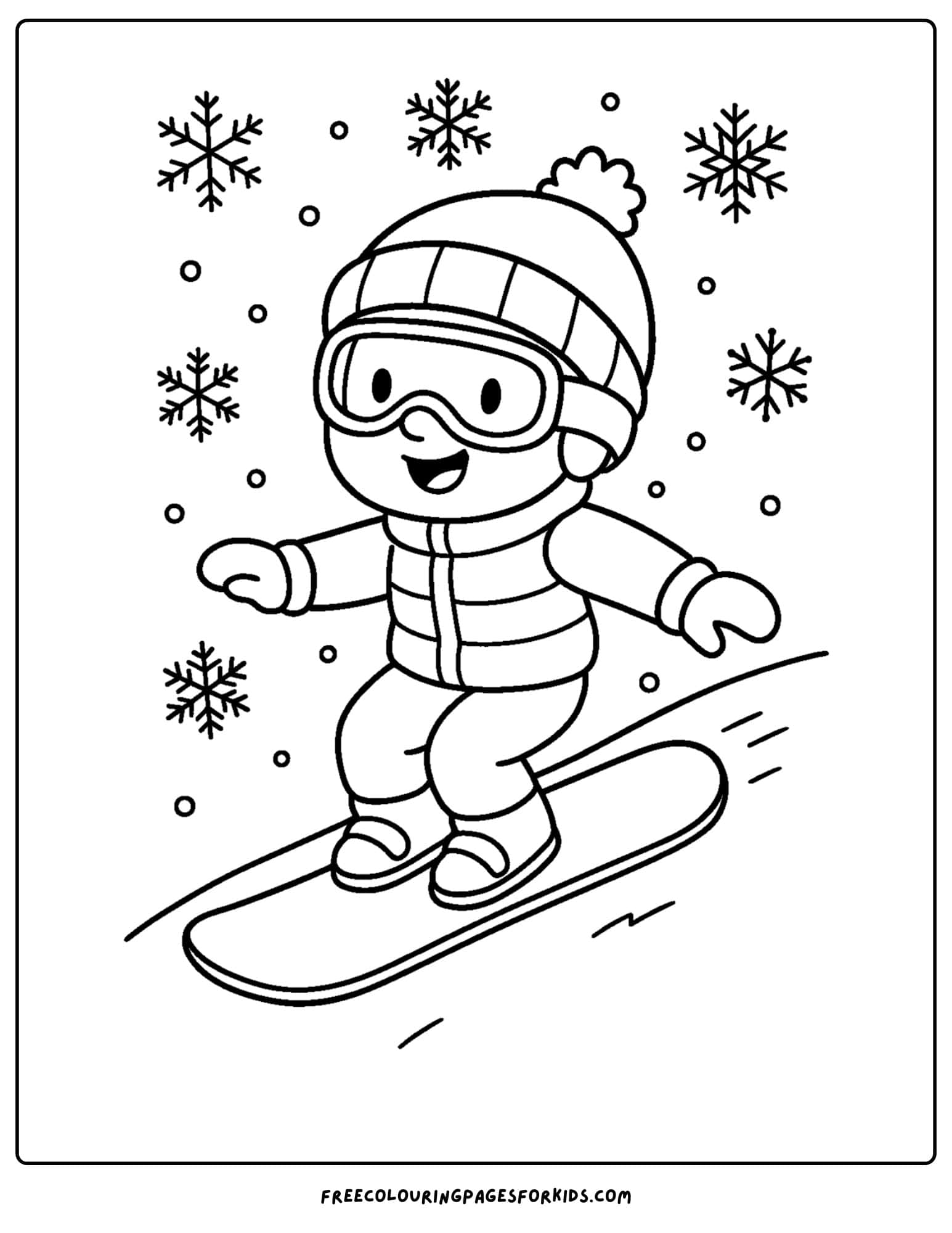a snowboard coloring page featuring a kid snowboarding with snowflakes falling
