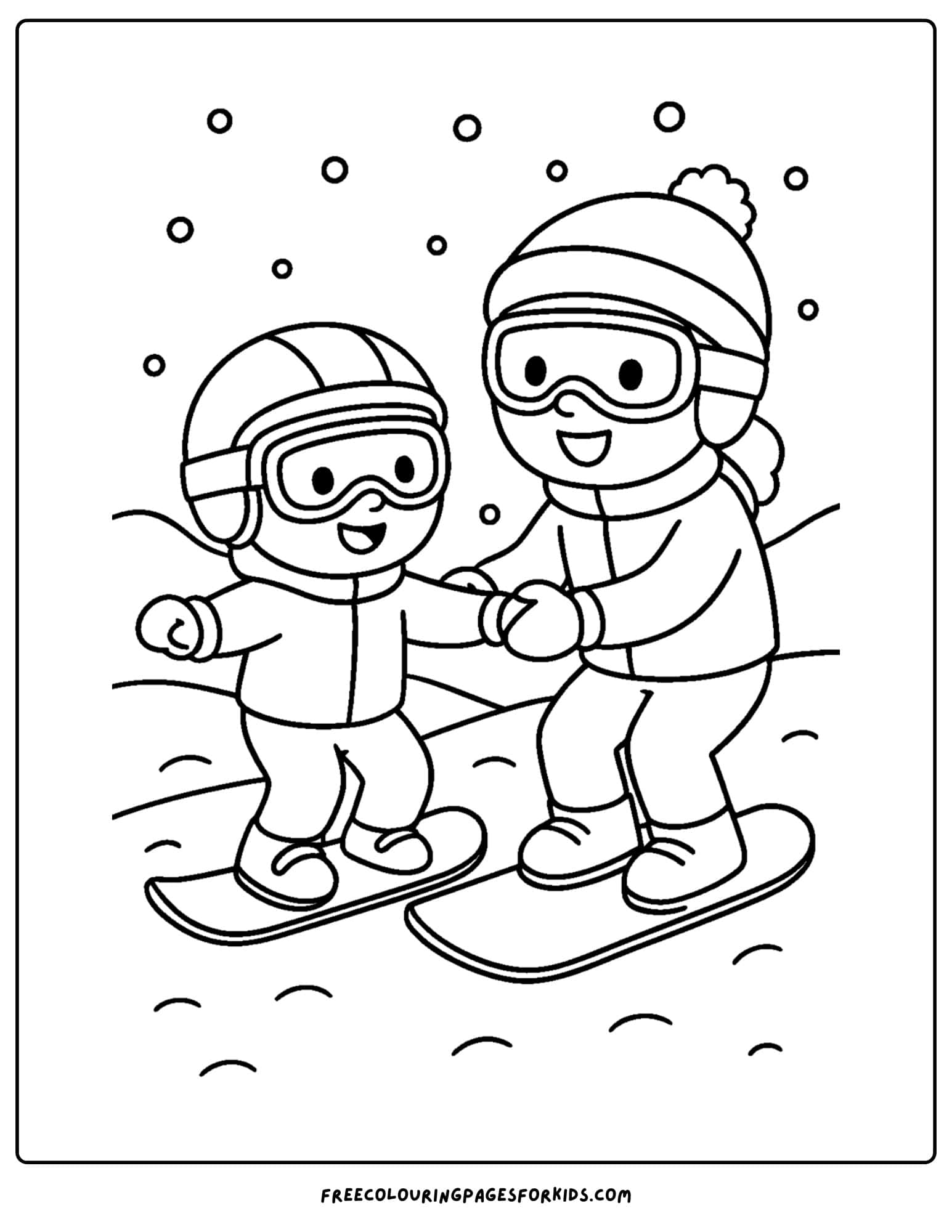 a snowboard coloring page featuring a child with a snowboard instructor