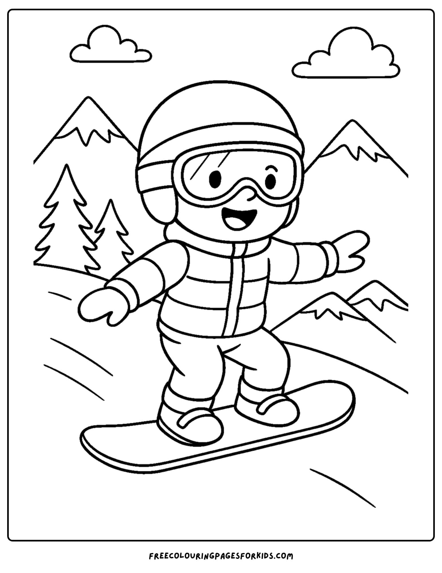 a snowboard coloring page featuring a kid snowboarding down the mountains