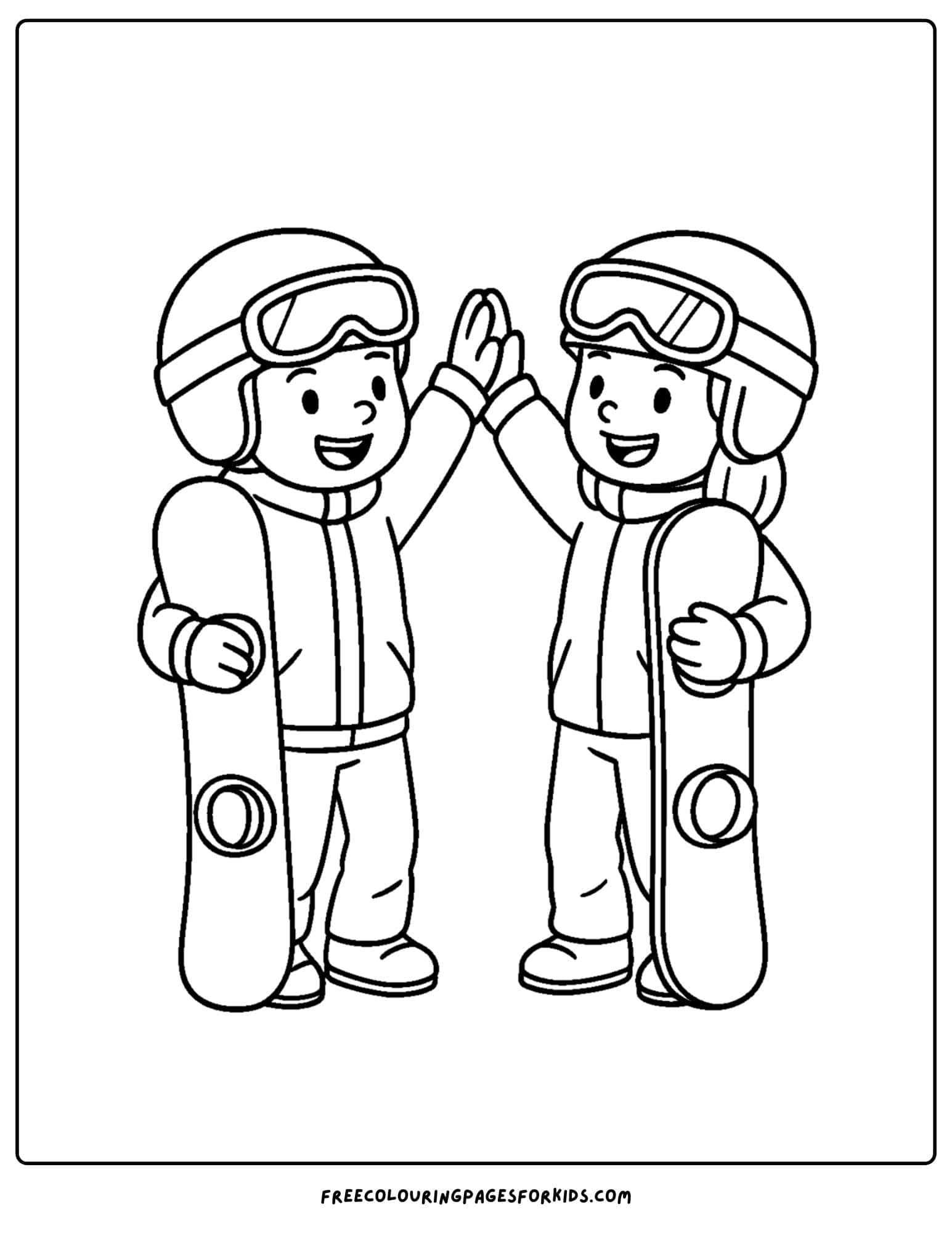 a snowboard coloring page featuring two kids high fiving and holding their snowboards