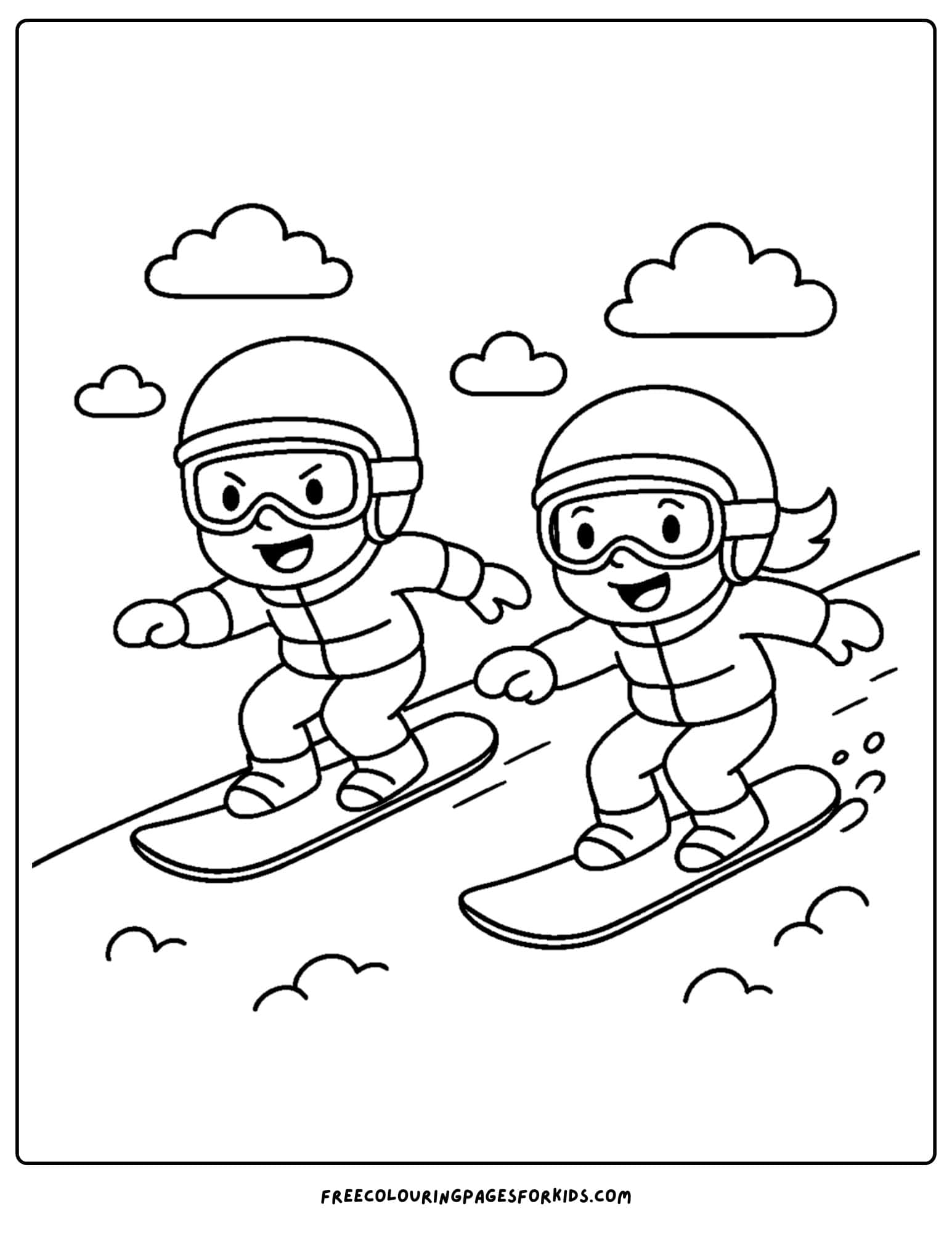 a snowboard coloring page featuring two kids racing down the mountain on their snowboards