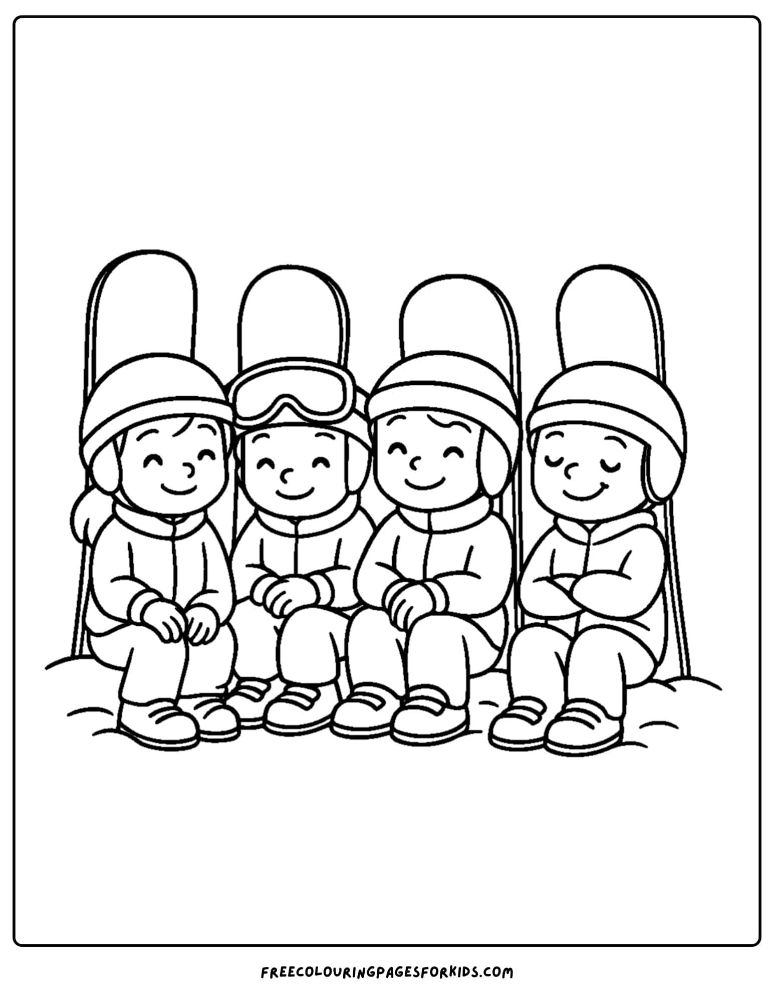 a snowboard coloring page featuring kids resting after a fun day snowboarding