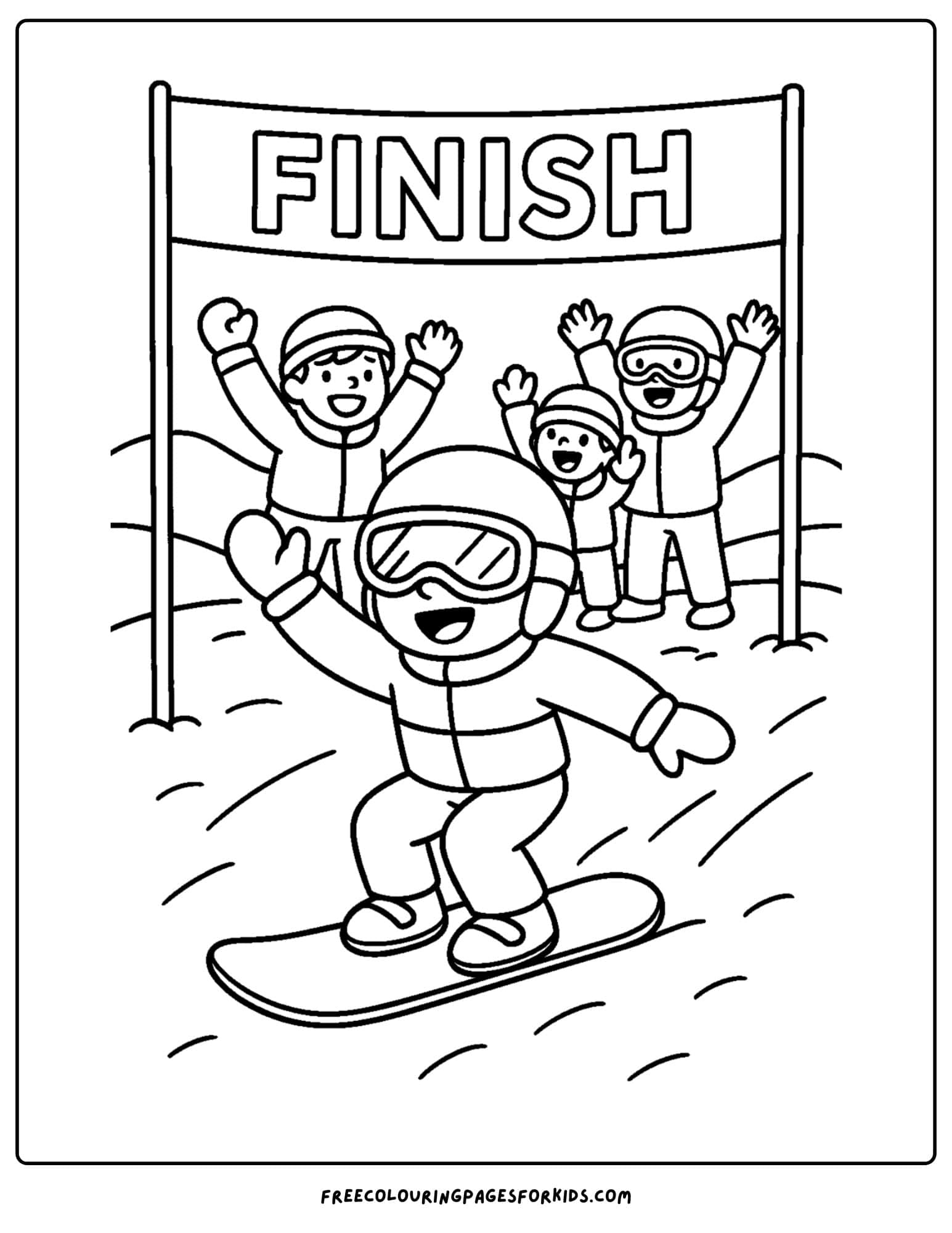 a snowboard coloring page featuring kids watching a snowboard race