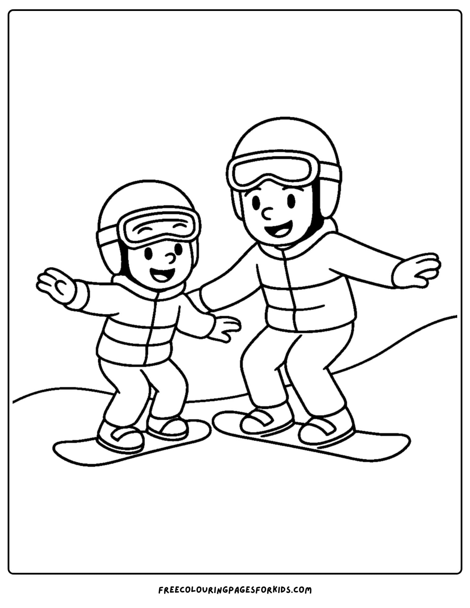 a snowboard coloring page featuring a parent and child riding together